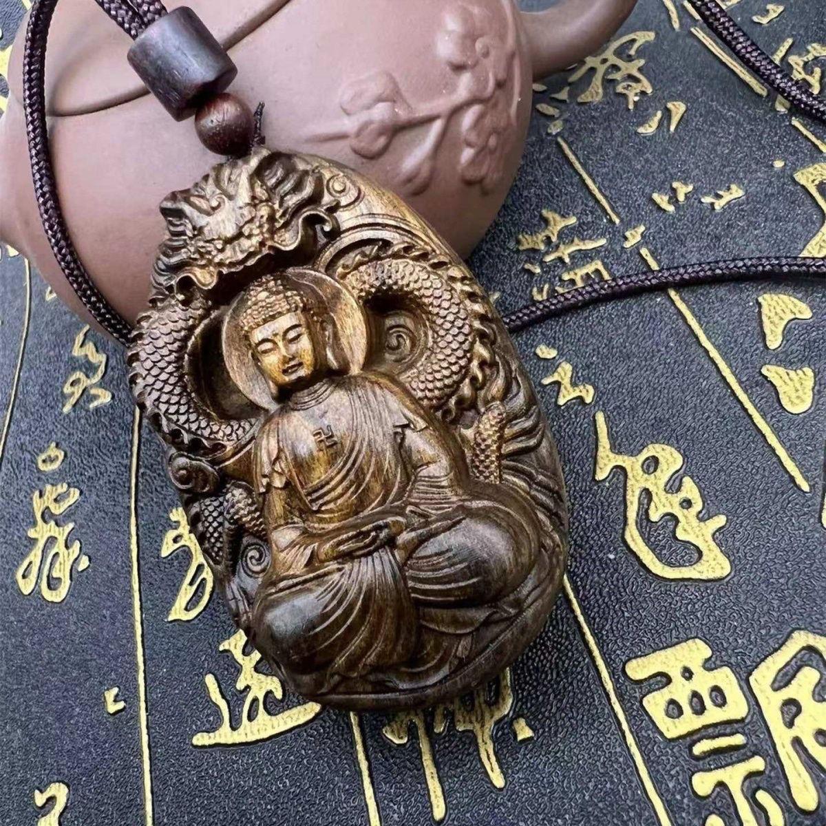 Vintage Wood Carving Sitting Buddha With a Dragon Statue Pendent from China For Sale 1