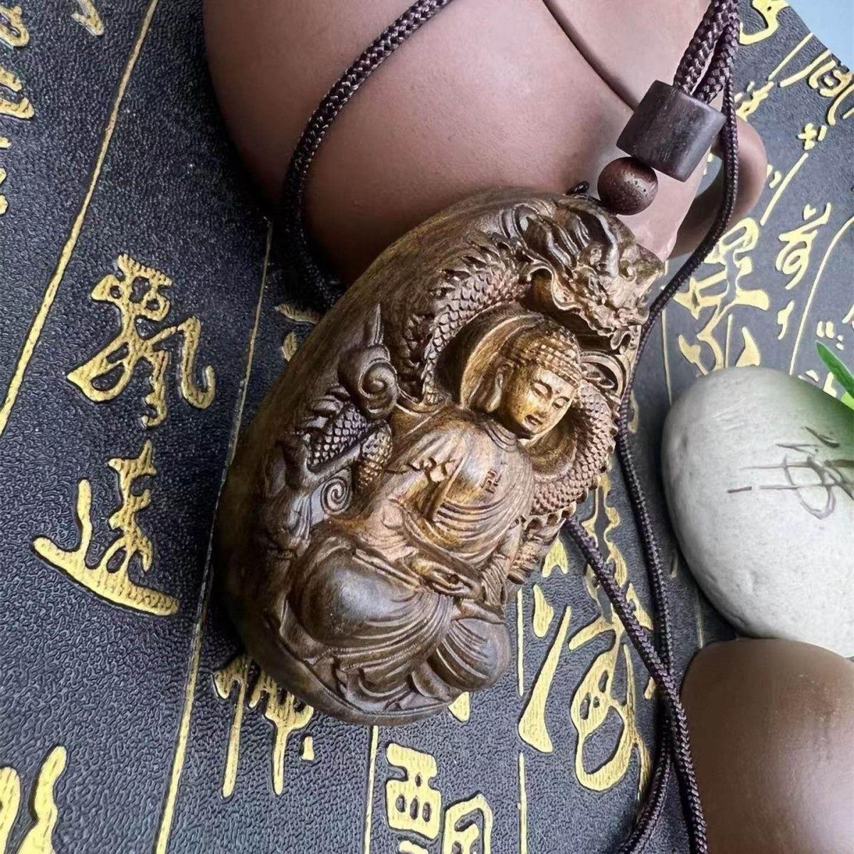 Vintage Wood Carving Sitting Buddha With a Dragon Statue Pendent from China For Sale 2
