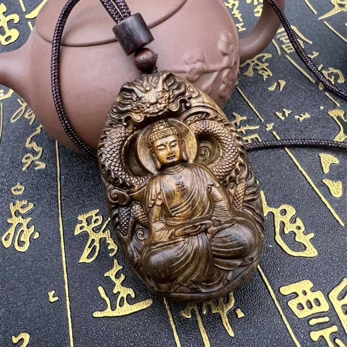 Vintage Wood Carving Sitting Buddha With a Dragon Statue Pendent from China For Sale 4