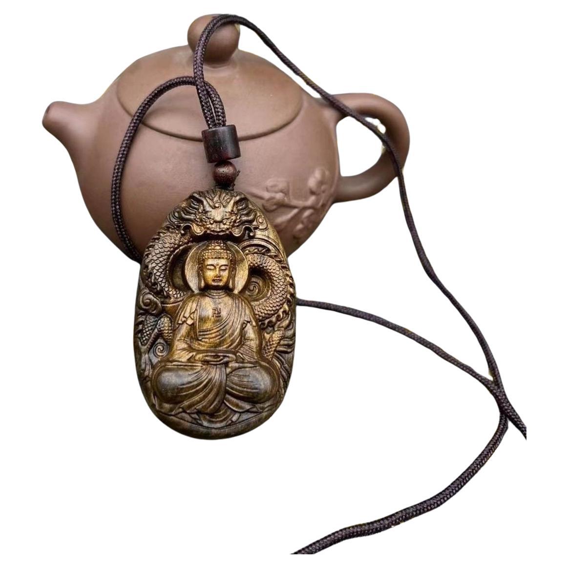 Vintage-Holzschnitzerei, sitzender Buddha mit Drachenstatue-Anhänger aus China