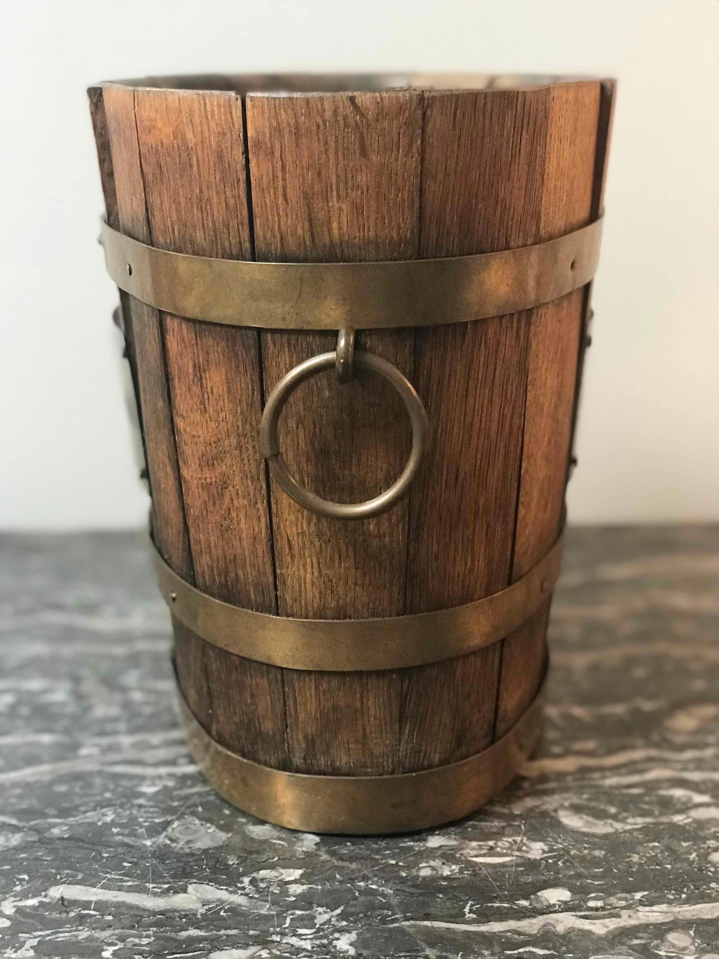 French Vintage Wood Champagne Bucket with Brass Handles and Label from France