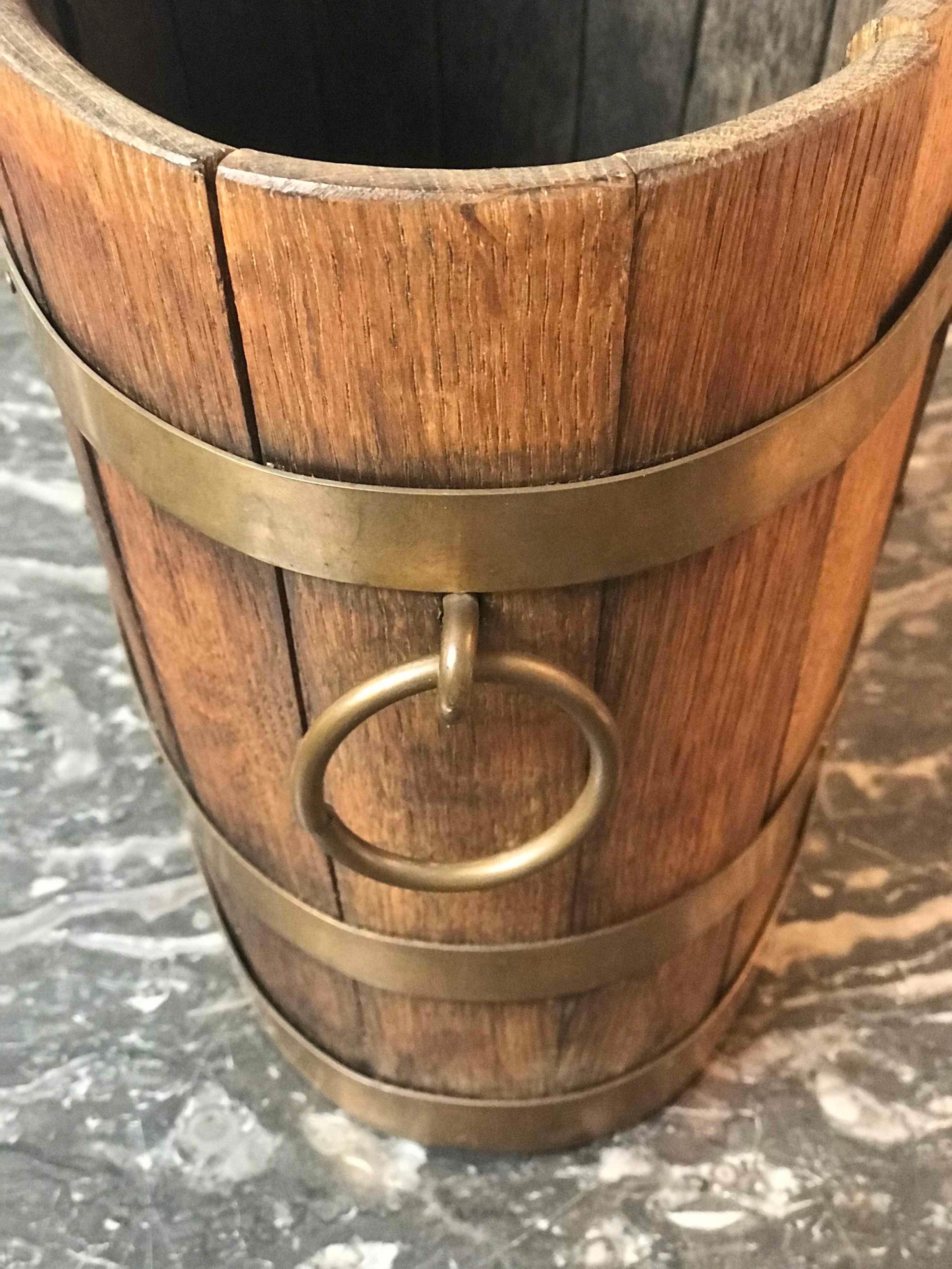 Vintage Wood Champagne Bucket with Brass Handles and Label from France In Fair Condition In Los Angeles, CA
