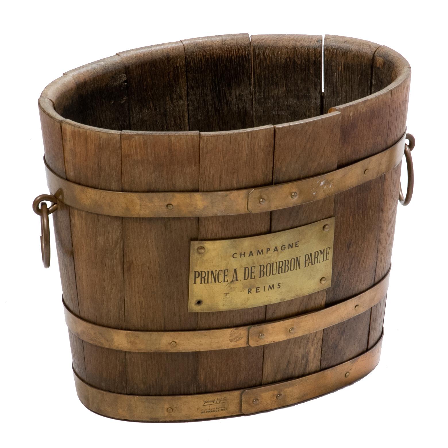 Vintage Wood Champagne Bucket with Brass Handles and Label from France