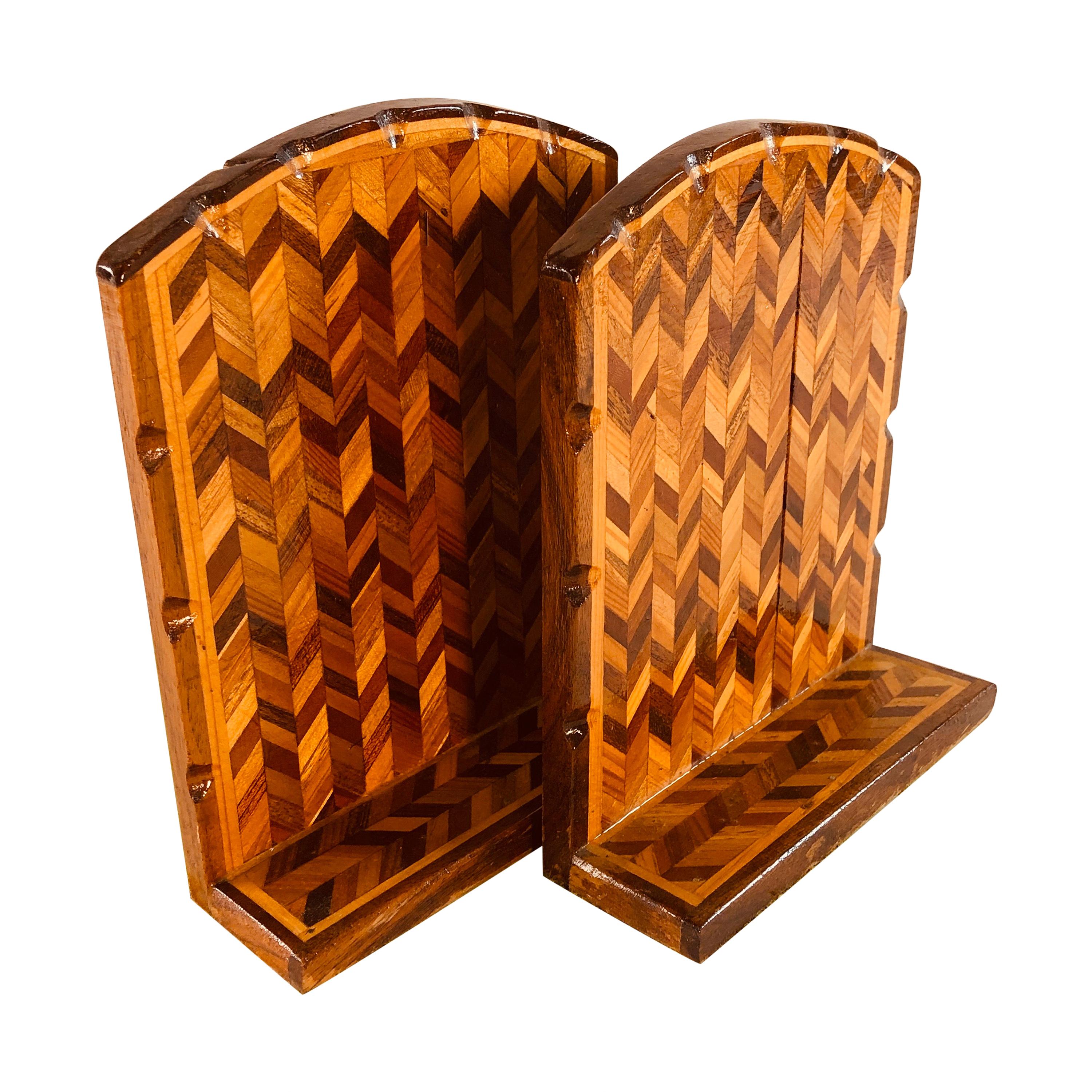 Vintage Wood Chevron Style Bookends, Pair