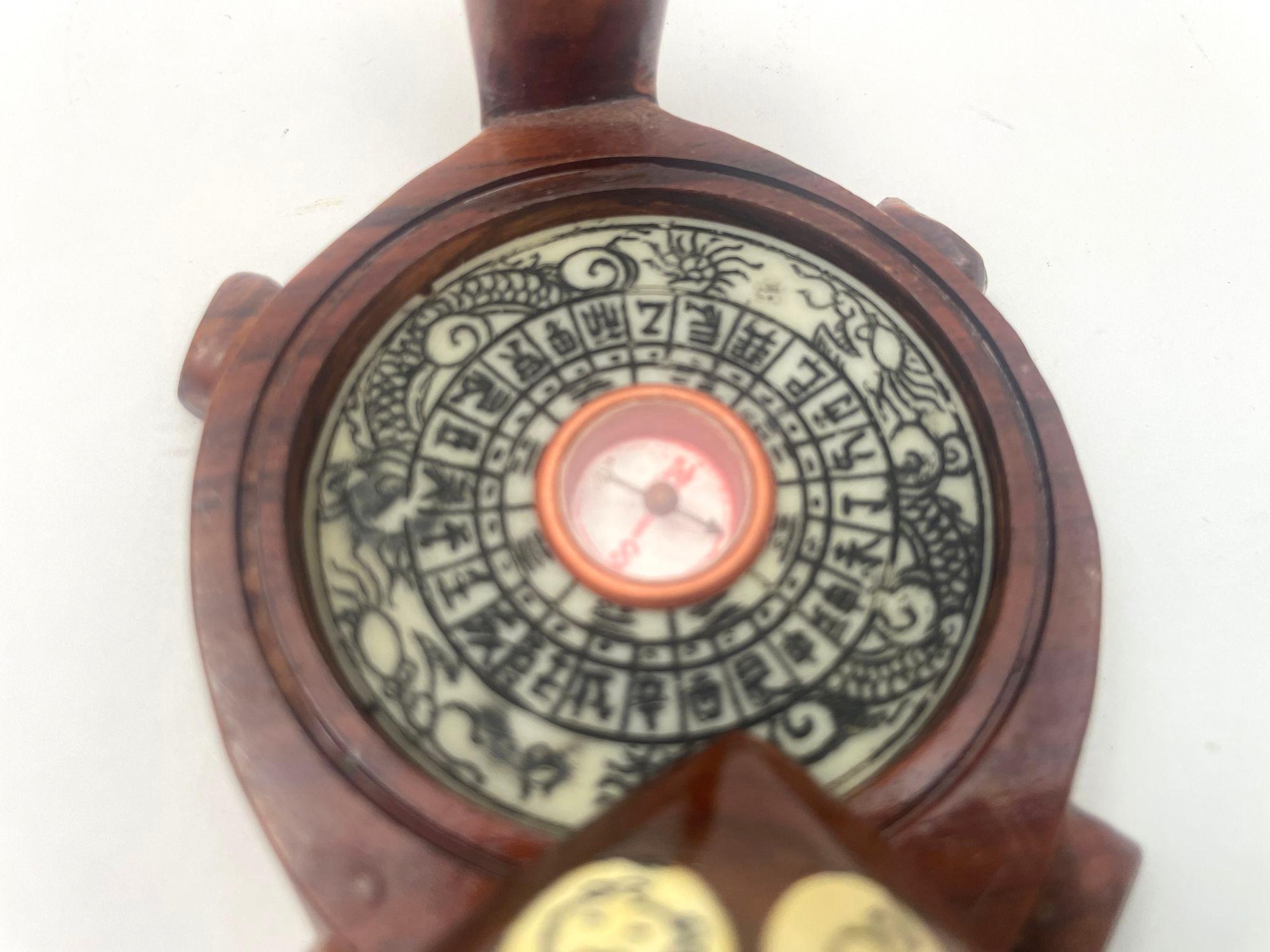 Vintage Wood Chinese Zodiac Turtle Compass Figurine with Inlay 1970s 4