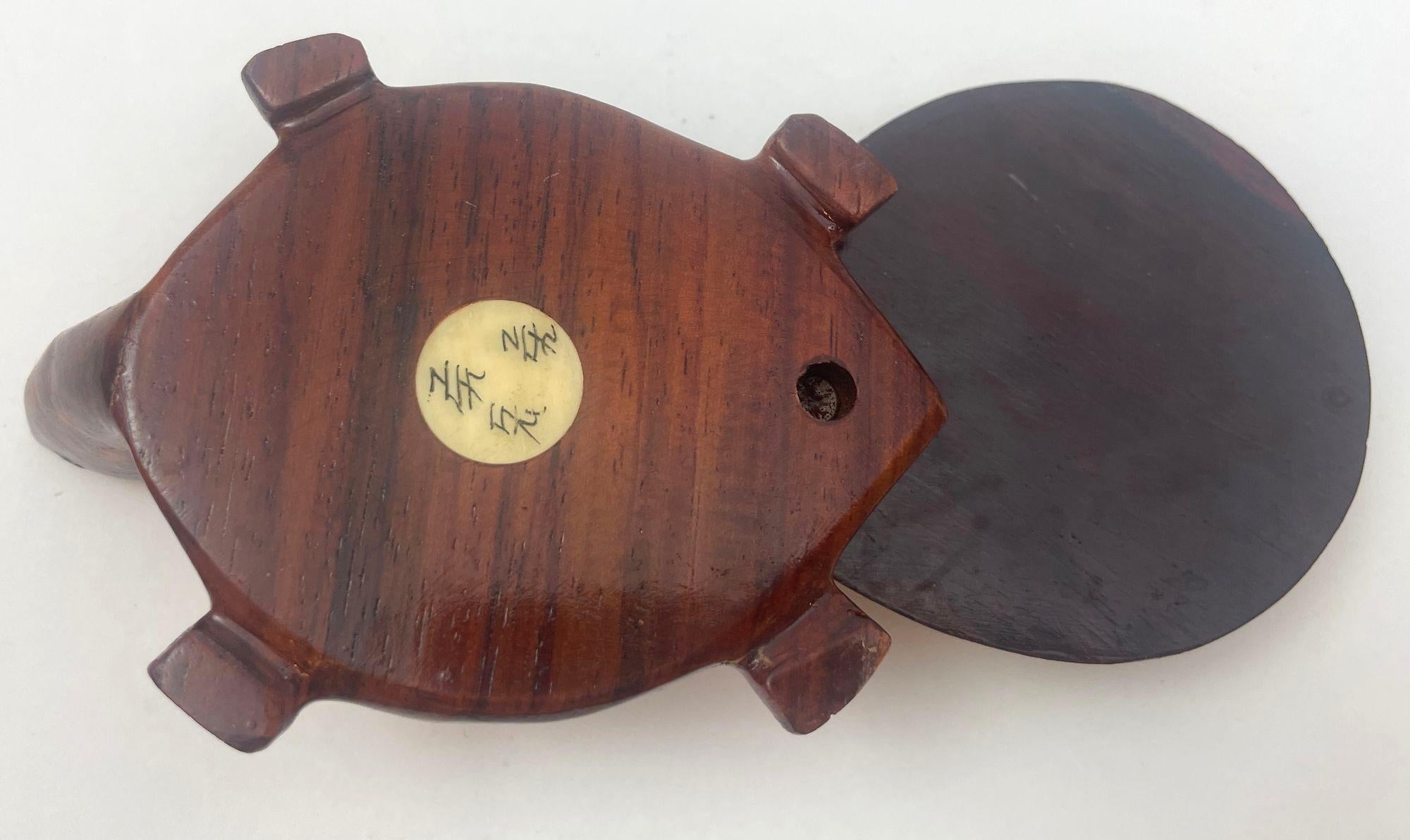 Vintage Wood Chinese Zodiac Turtle Compass Figurine with Inlay 1970s 5