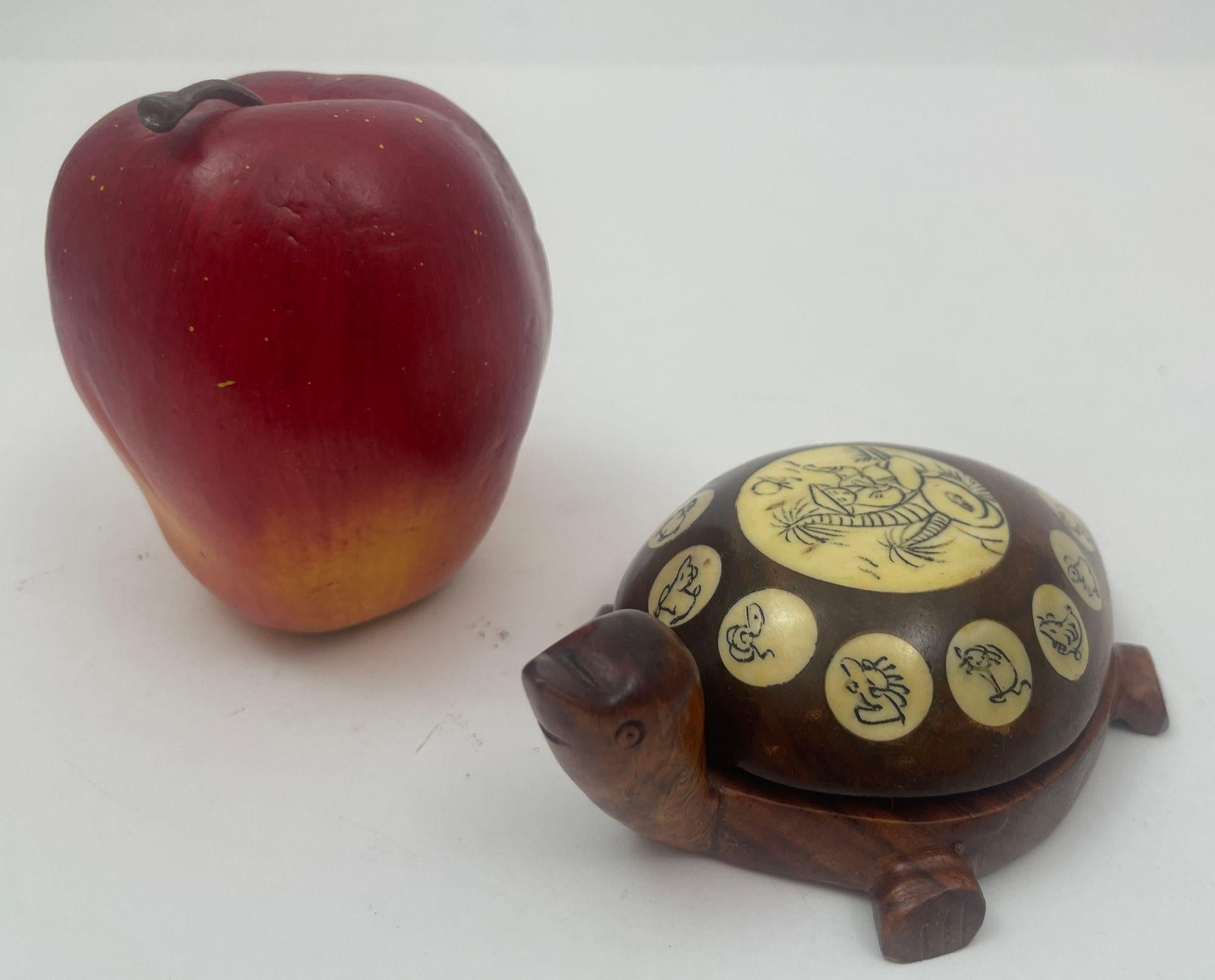 Vintage Wood Chinese Zodiac Turtle Compass Figurine with Inlay 1970s 7