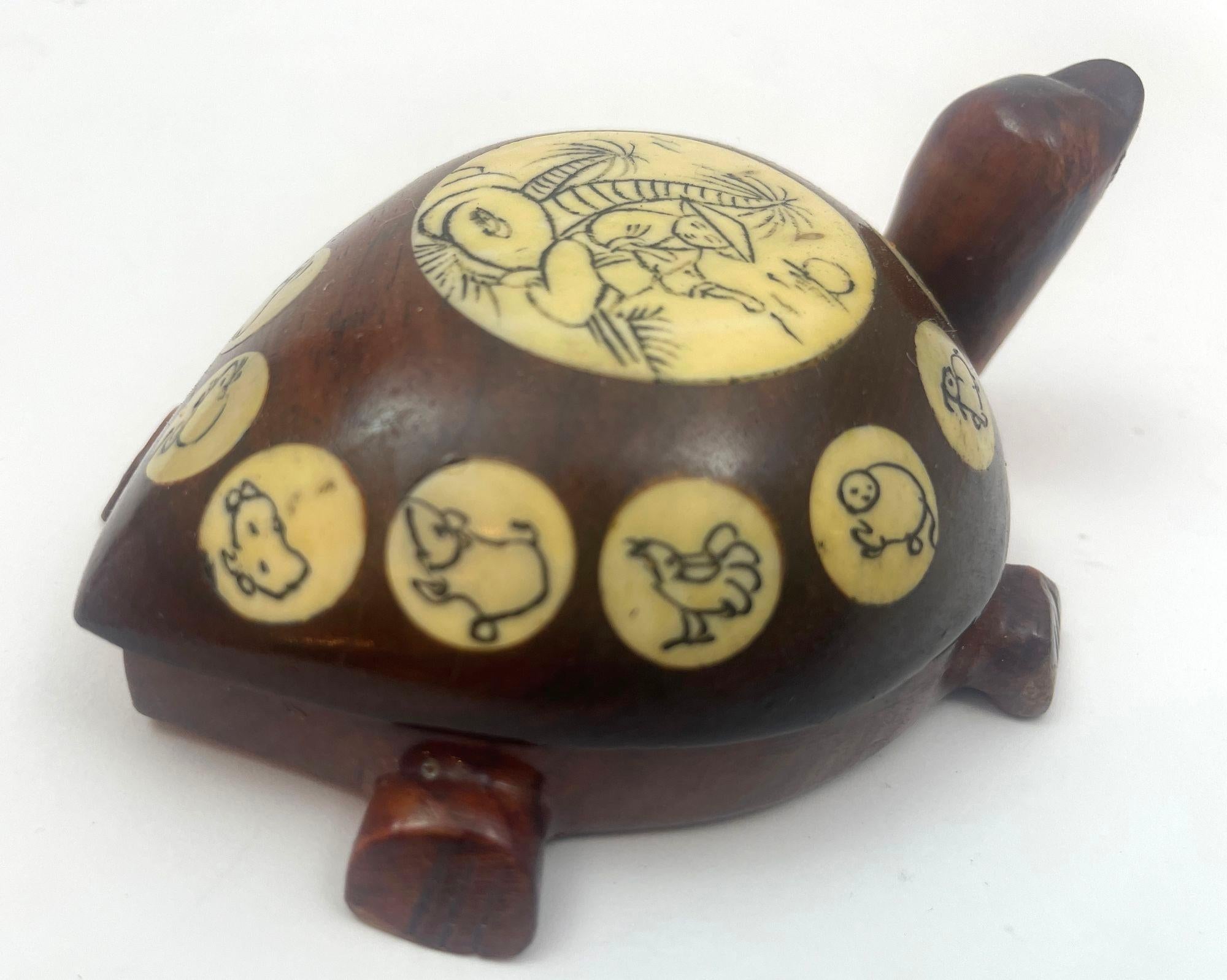 Vintage Wood Chinese Zodiac Turtle Compass Figurine with Inlay 1970s 8