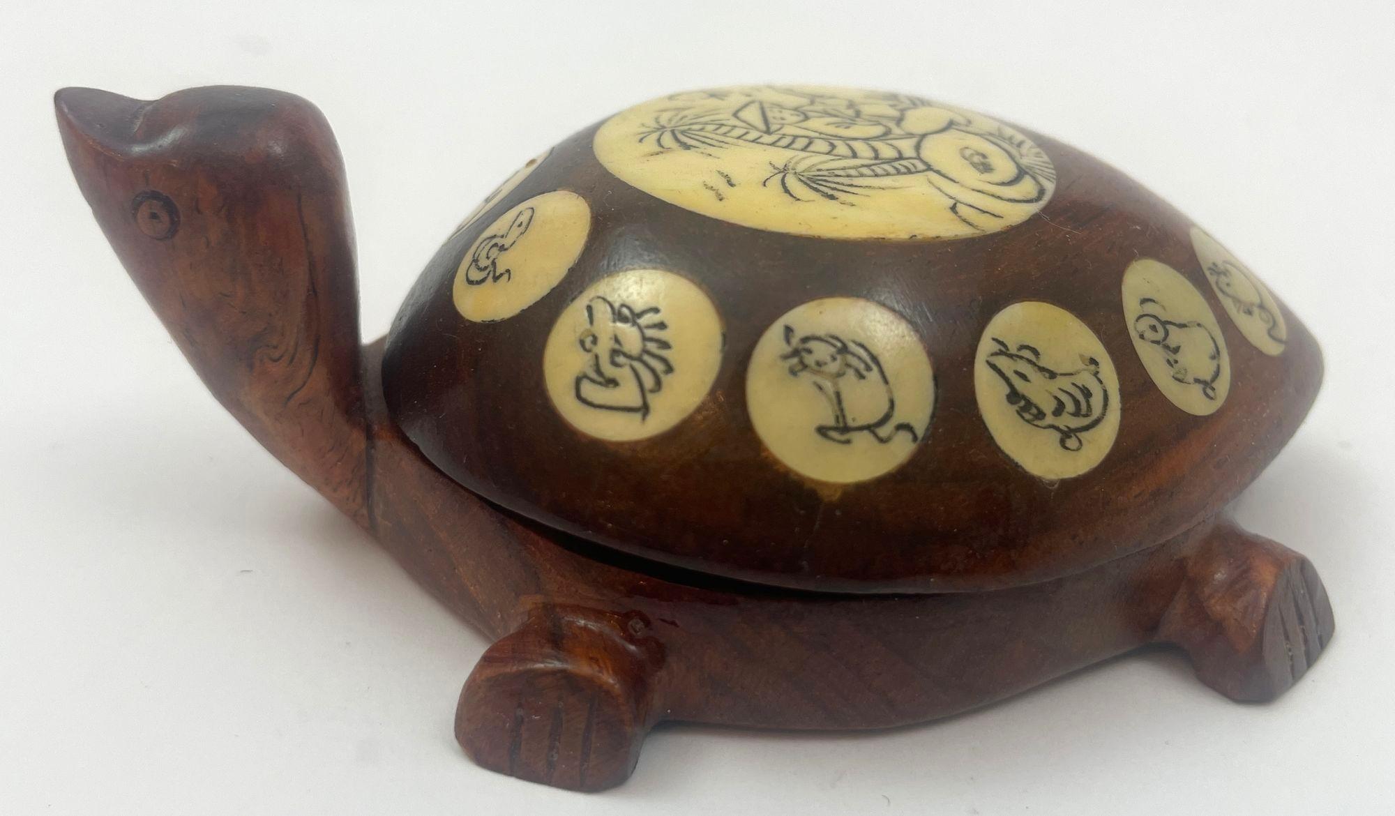 Vintage Wood Chinese Zodiac Turtle Compass Figurine with Inlay 1970s 9