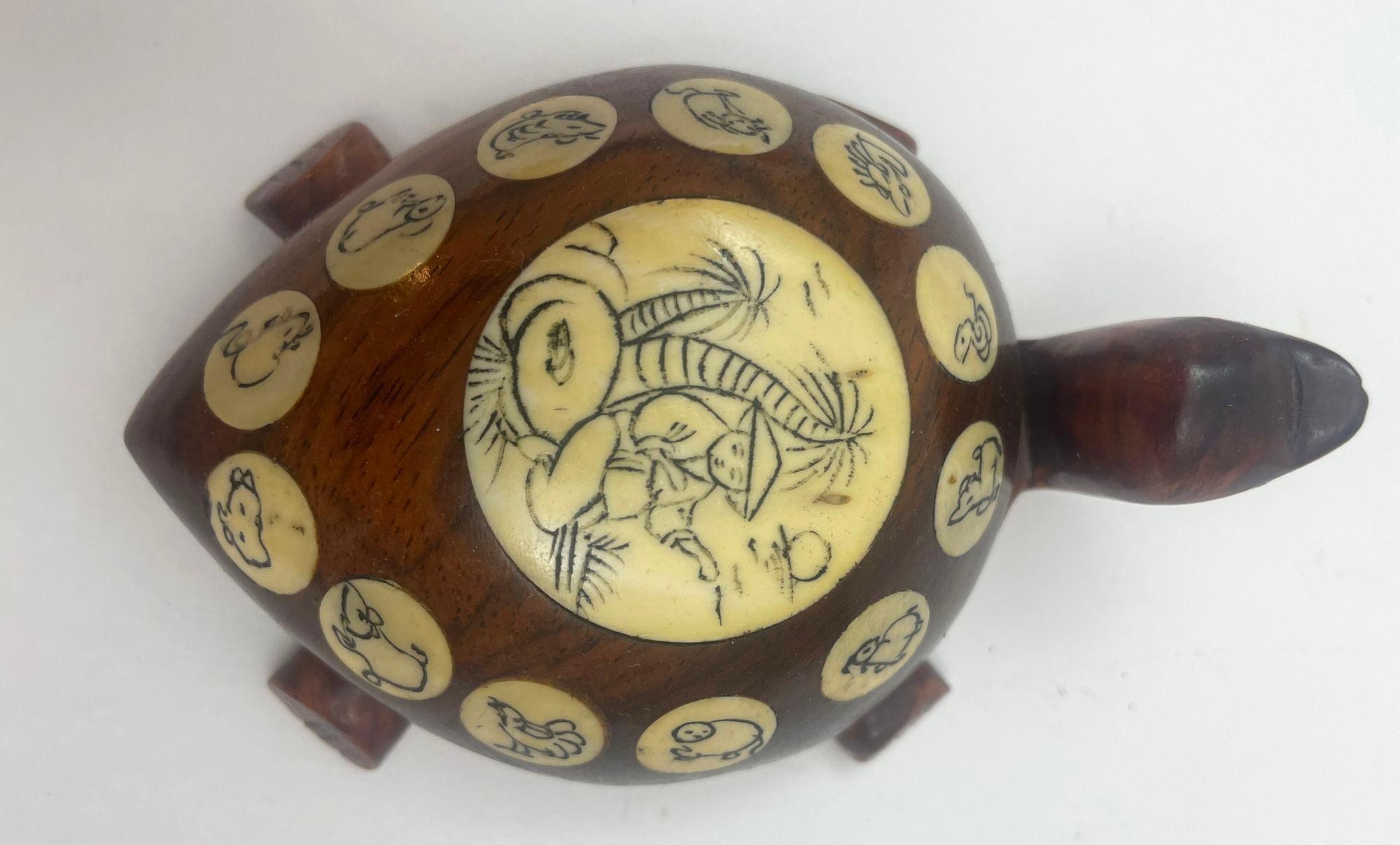Chinese Export Vintage Wood Chinese Zodiac Turtle Compass Figurine with Inlay 1970s
