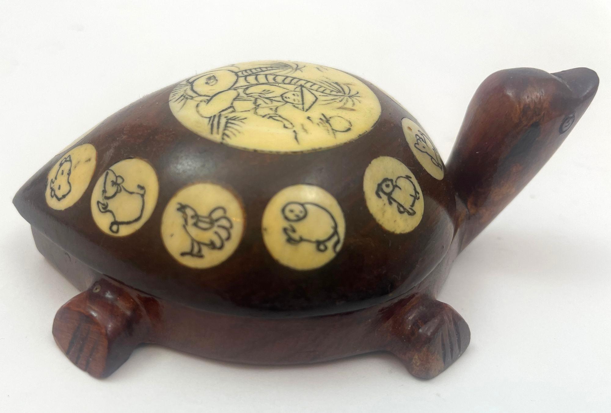 Hand-Crafted Vintage Wood Chinese Zodiac Turtle Compass Figurine with Inlay 1970s