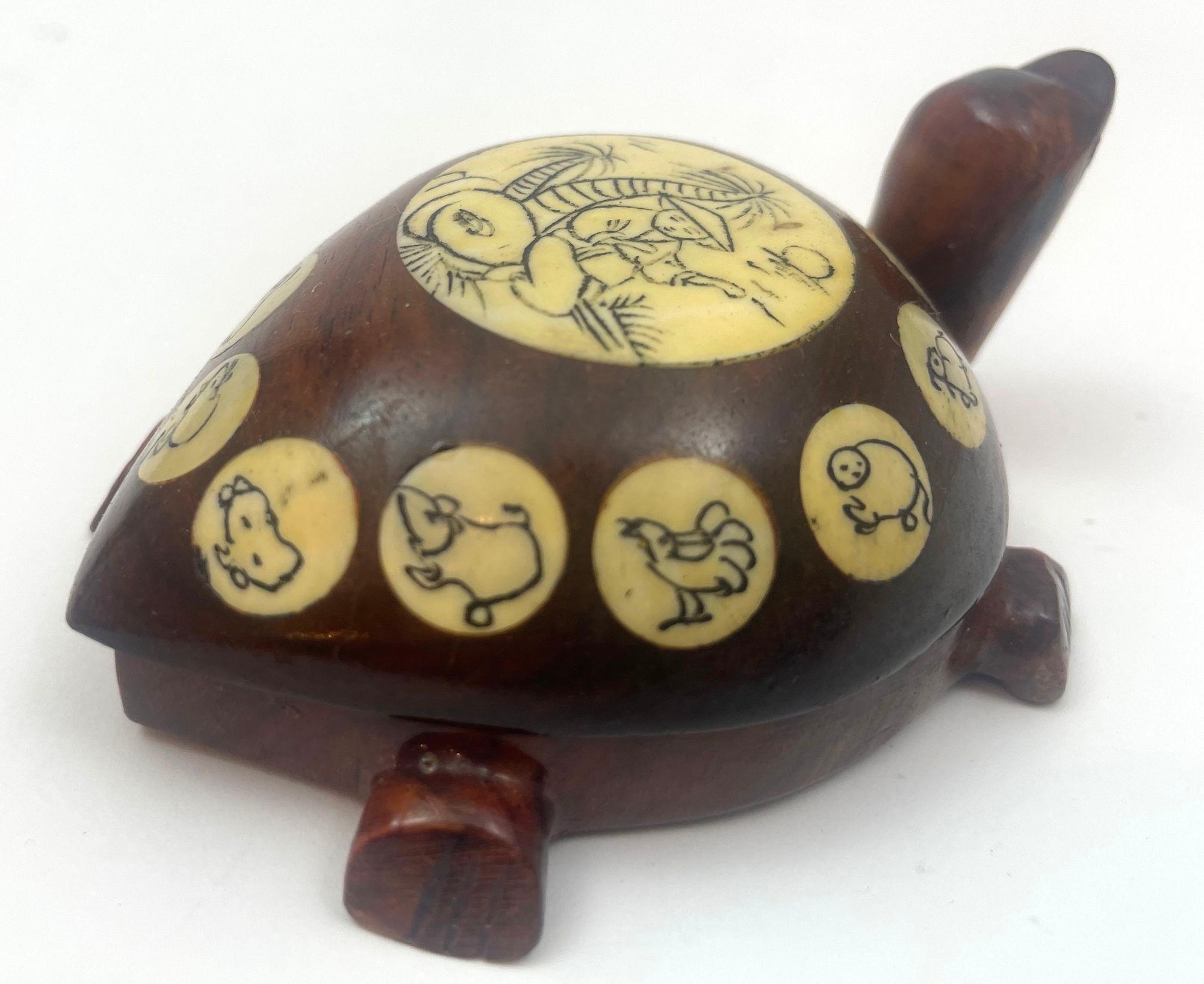 Vintage Wood Chinese Zodiac Turtle Compass Figurine with Inlay 1970s In Good Condition In North Hollywood, CA