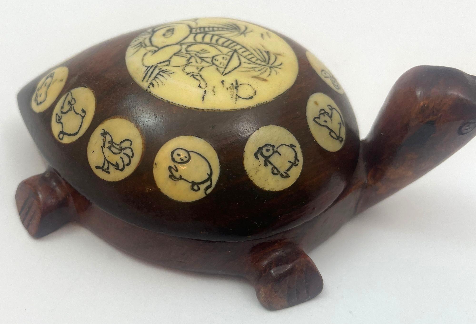 20th Century Vintage Wood Chinese Zodiac Turtle Compass Figurine with Inlay 1970s