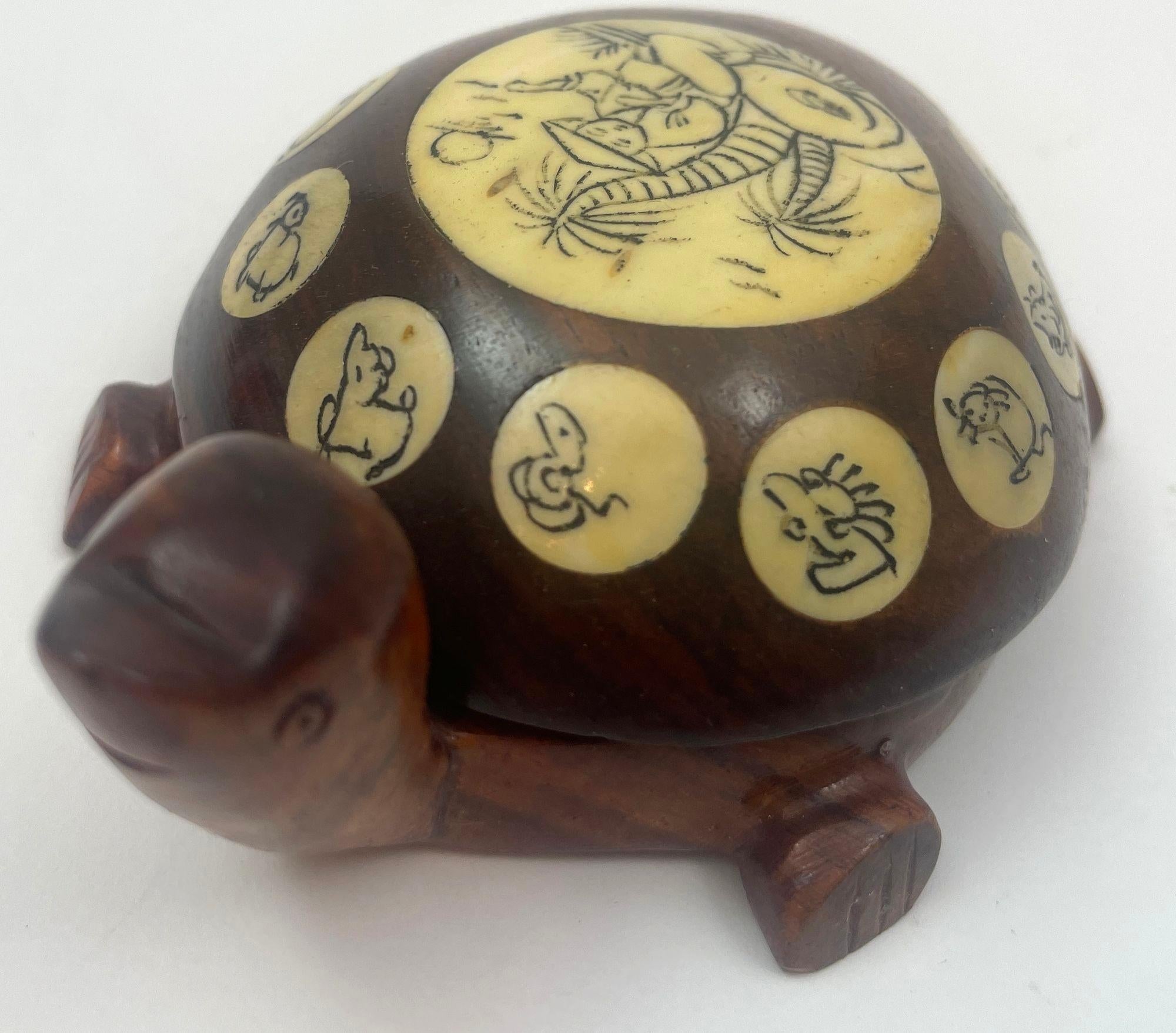 Vintage Wood Chinese Zodiac Turtle Compass Figurine with Inlay 1970s 1