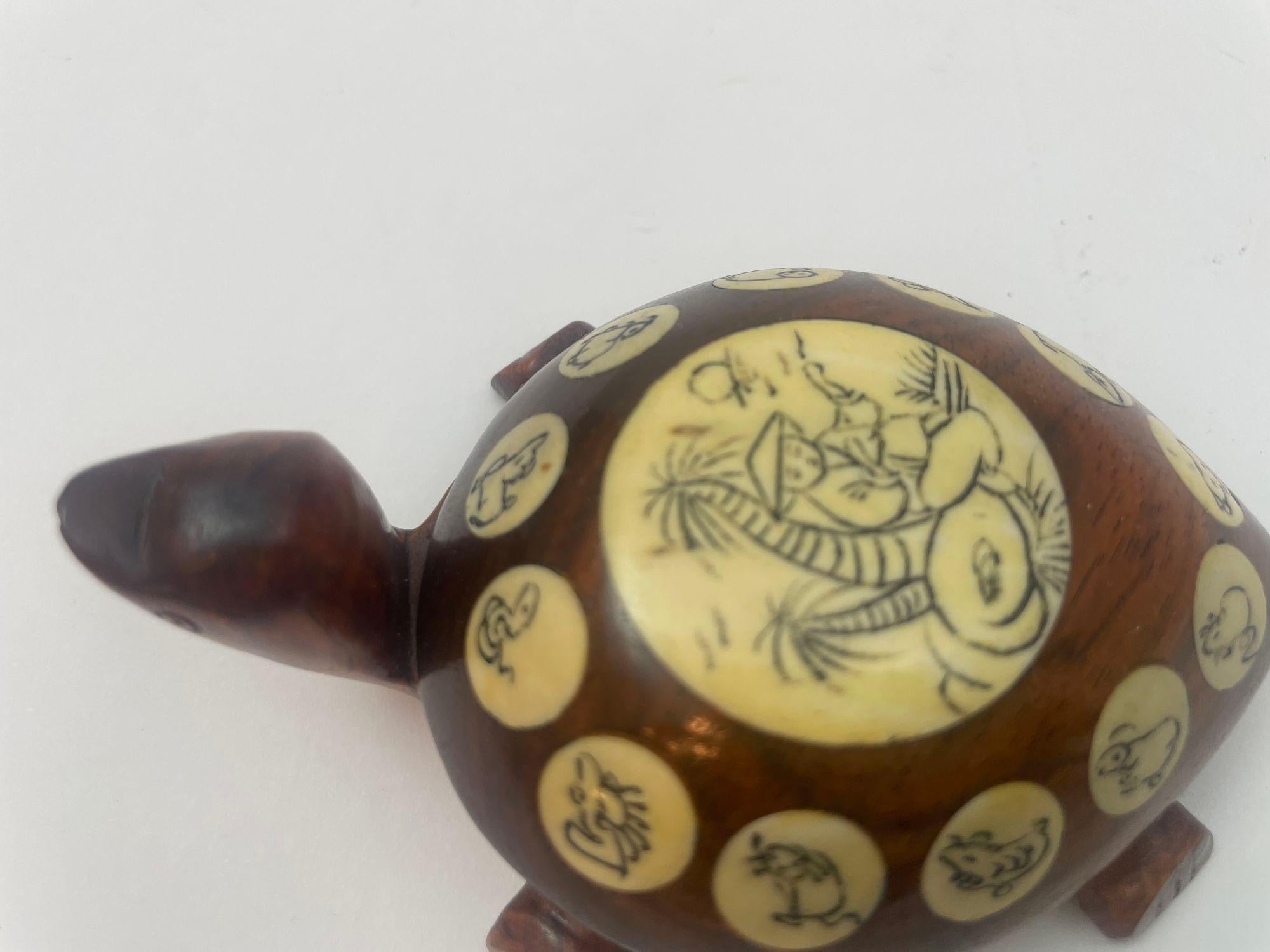 Vintage Wood Chinese Zodiac Turtle Compass Figurine with Inlay 1970s 2
