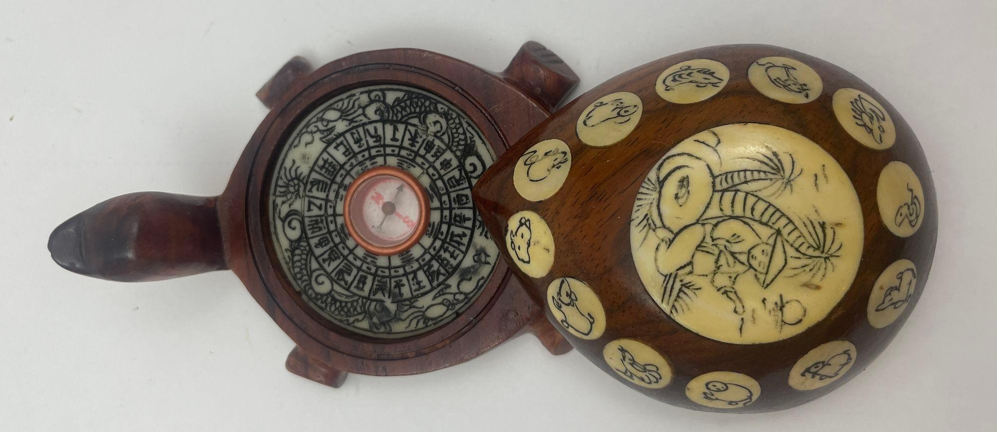 Vintage Wood Chinese Zodiac Turtle Compass Figurine with Inlay 1970s 3