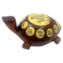 Vintage Wood Chinese Zodiac Turtle Compass Figurine with Inlay 1970s