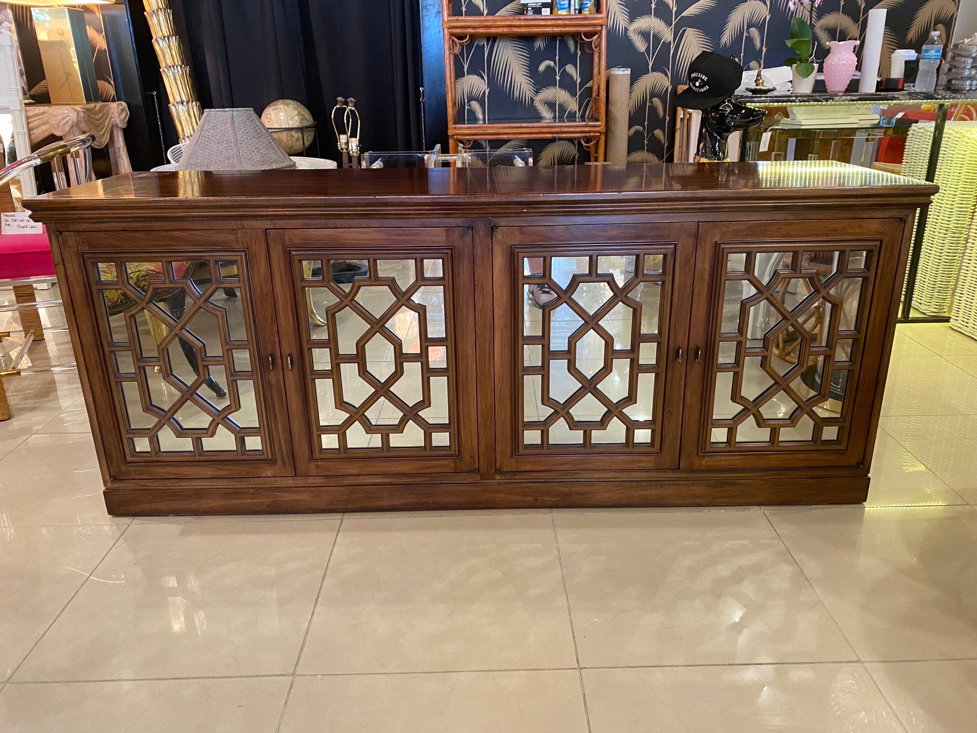 Vintage Wood Chinoiserie Fretwork Fret Mirrored Credenza Buffet Sideboard Doors For Sale 3