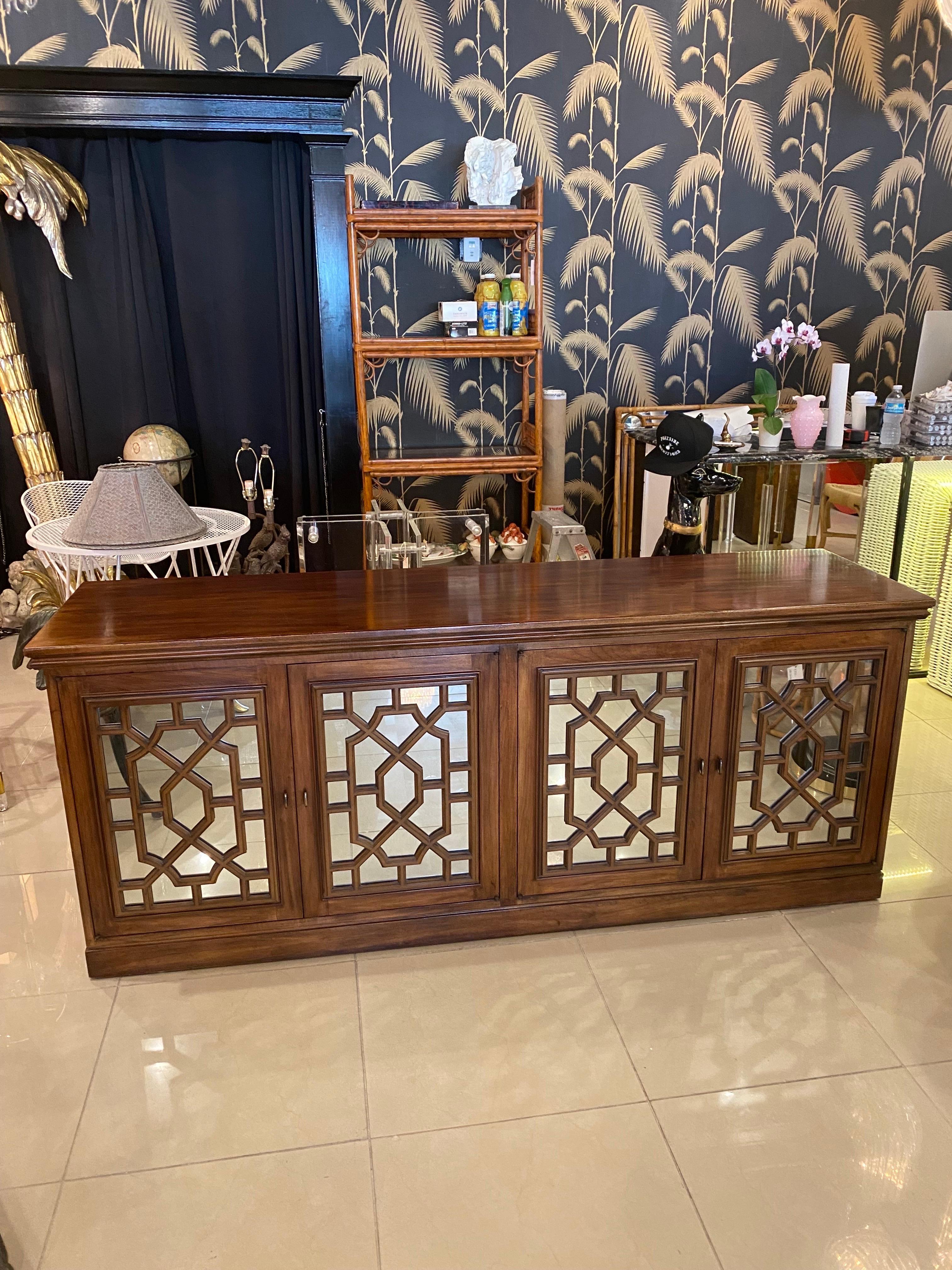 Vintage Wood Chinoiserie Fretwork Fret Mirrored Credenza Buffet Sideboard Doors For Sale 4