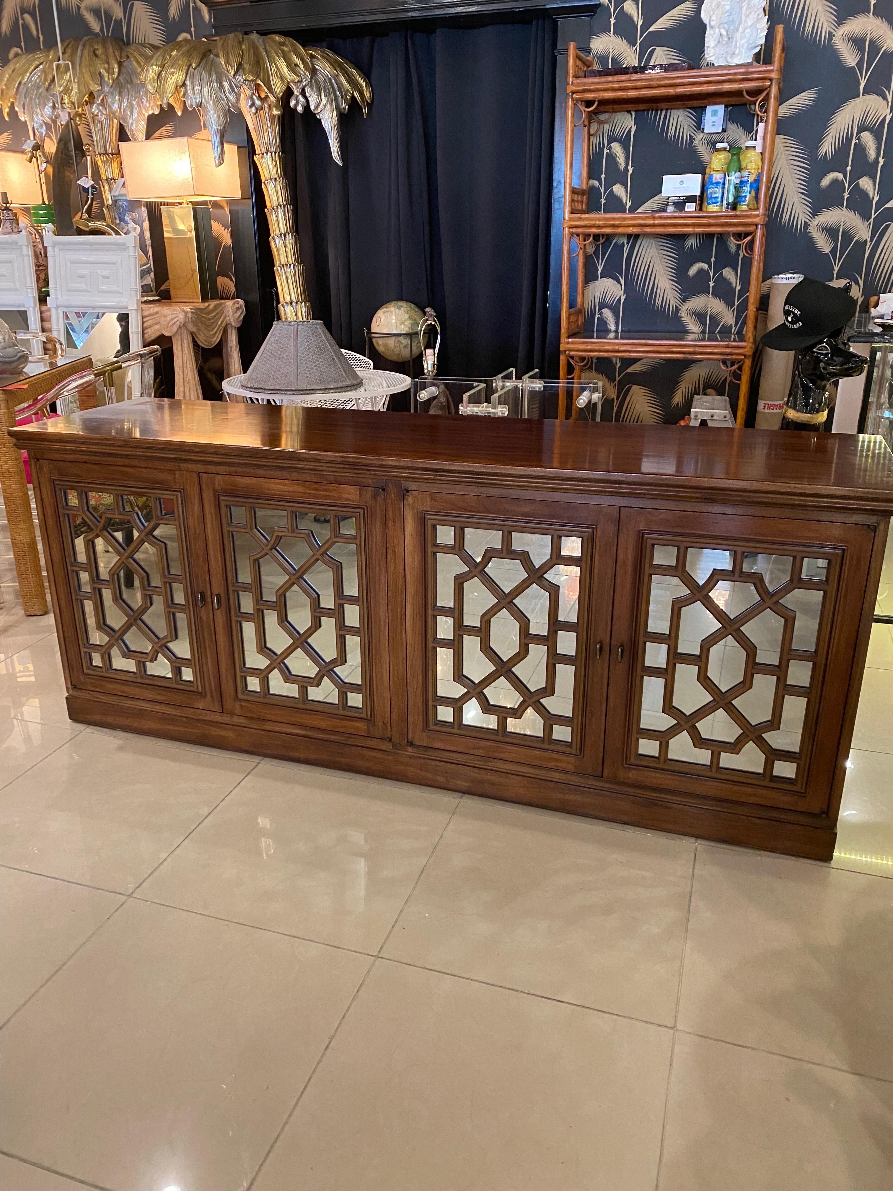 Vintage Wood Chinoiserie Fretwork Fret Mirrored Credenza Buffet Sideboard Doors For Sale 5