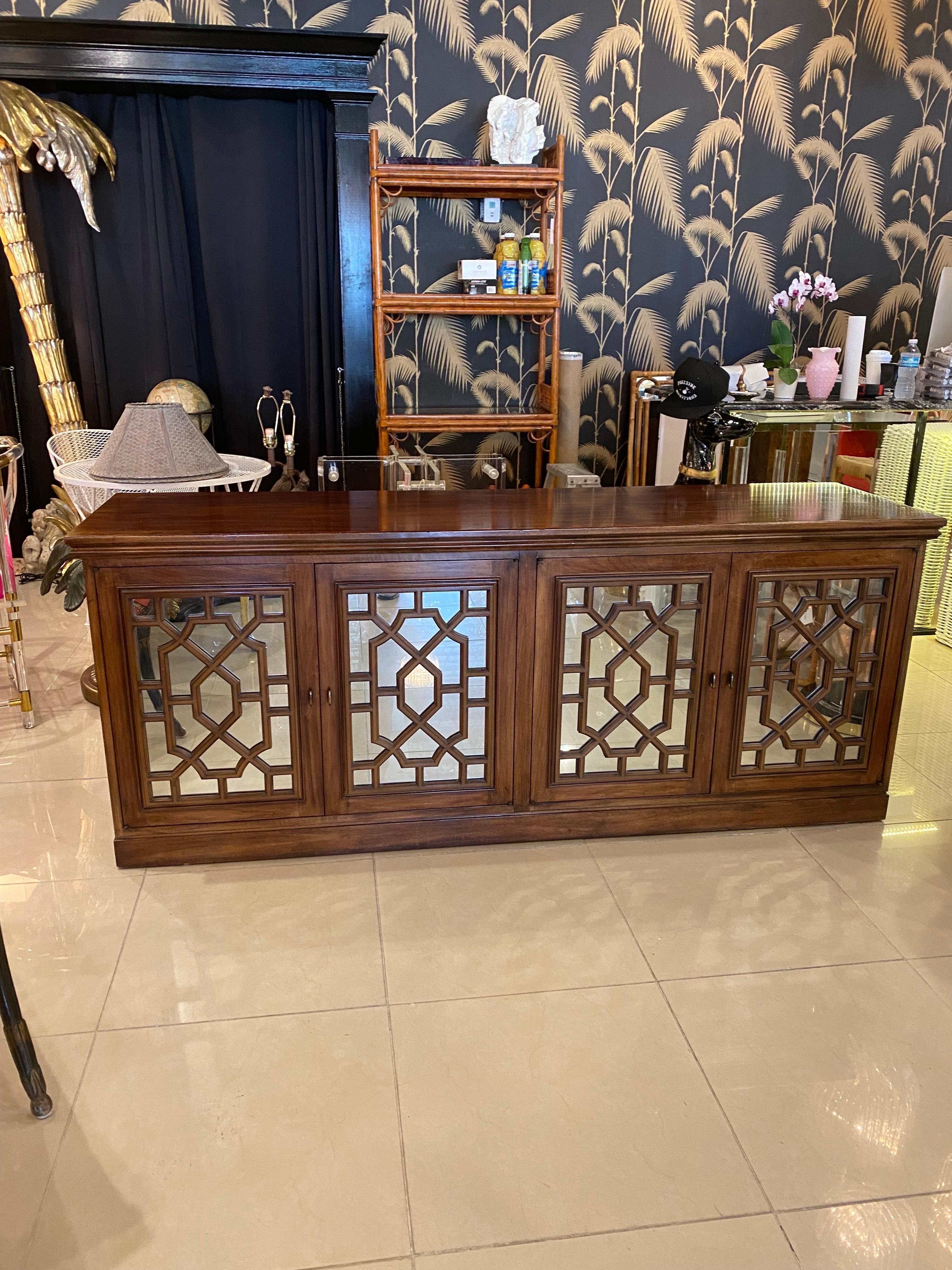 Vintage Wood Chinoiserie Fretwork Fret Mirrored Credenza Buffet Sideboard Doors For Sale 6