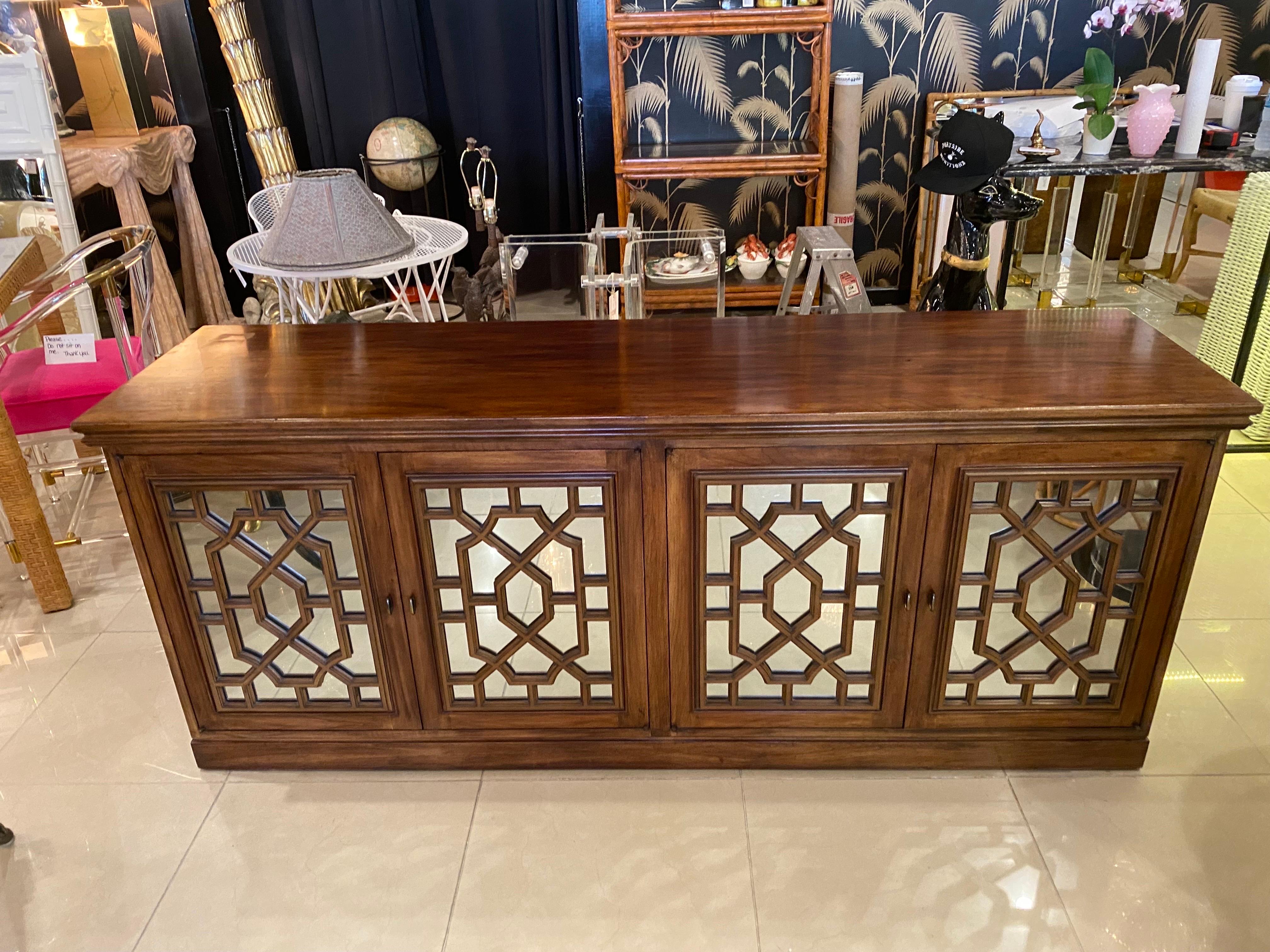 Vintage Wood Chinoiserie Fretwork Fret Mirrored Credenza Buffet Sideboard Doors For Sale 7