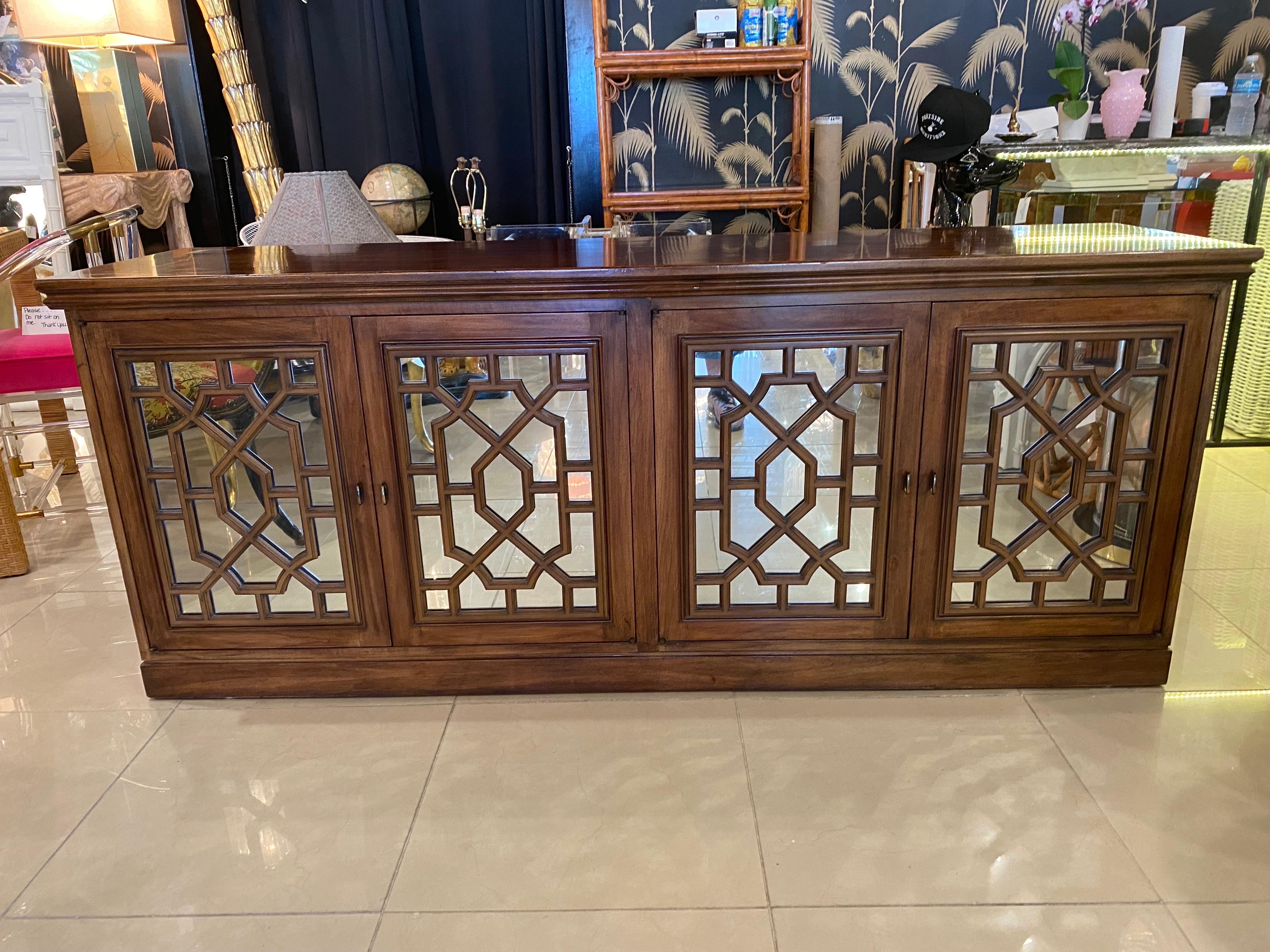 Vintage Wood Chinoiserie Fretwork Fret Mirrored Credenza Buffet Sideboard Doors For Sale 8