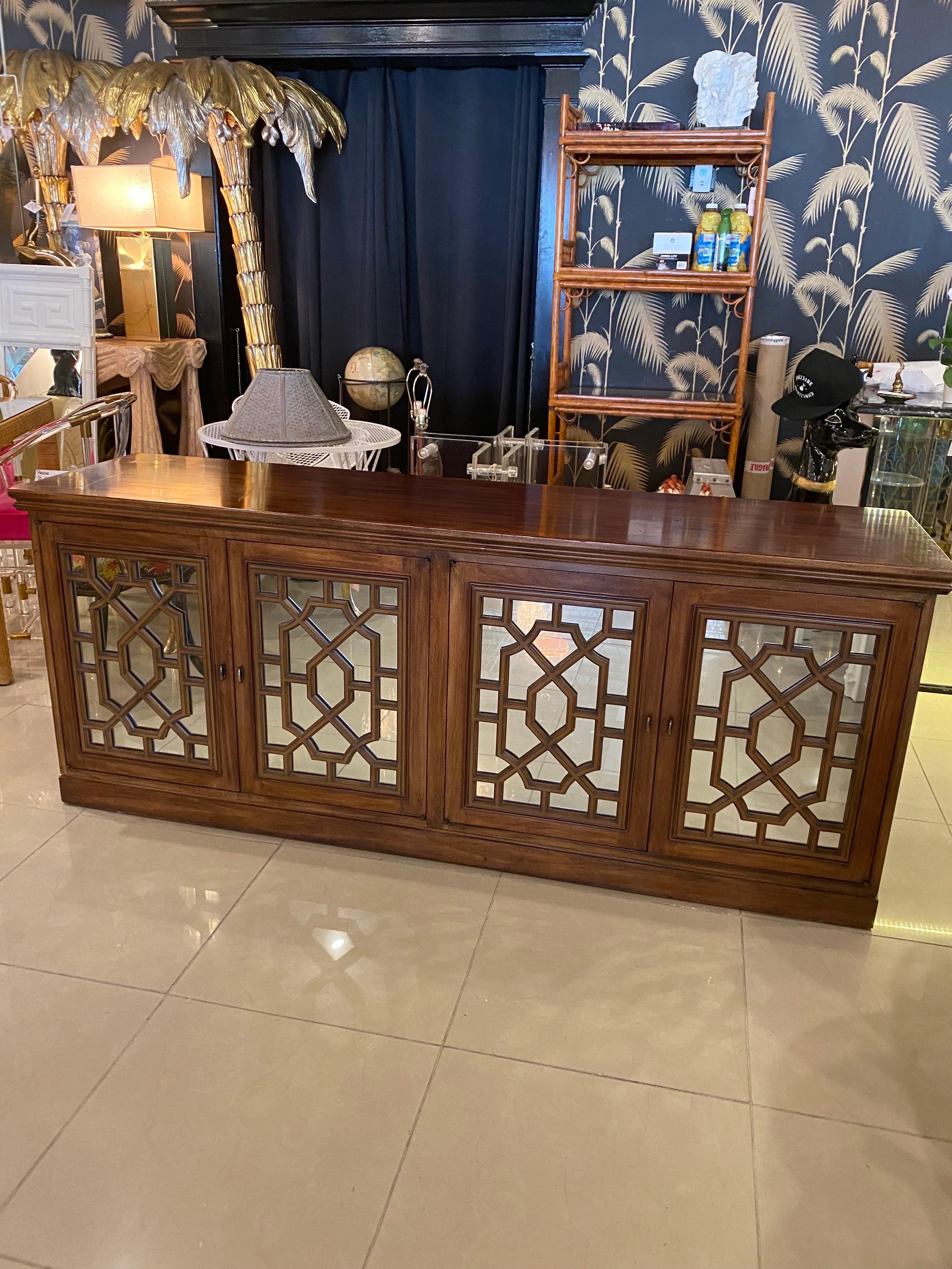 Vintage Wood Chinoiserie Fretwork Fret Mirrored Credenza Buffet Sideboard Doors For Sale 9