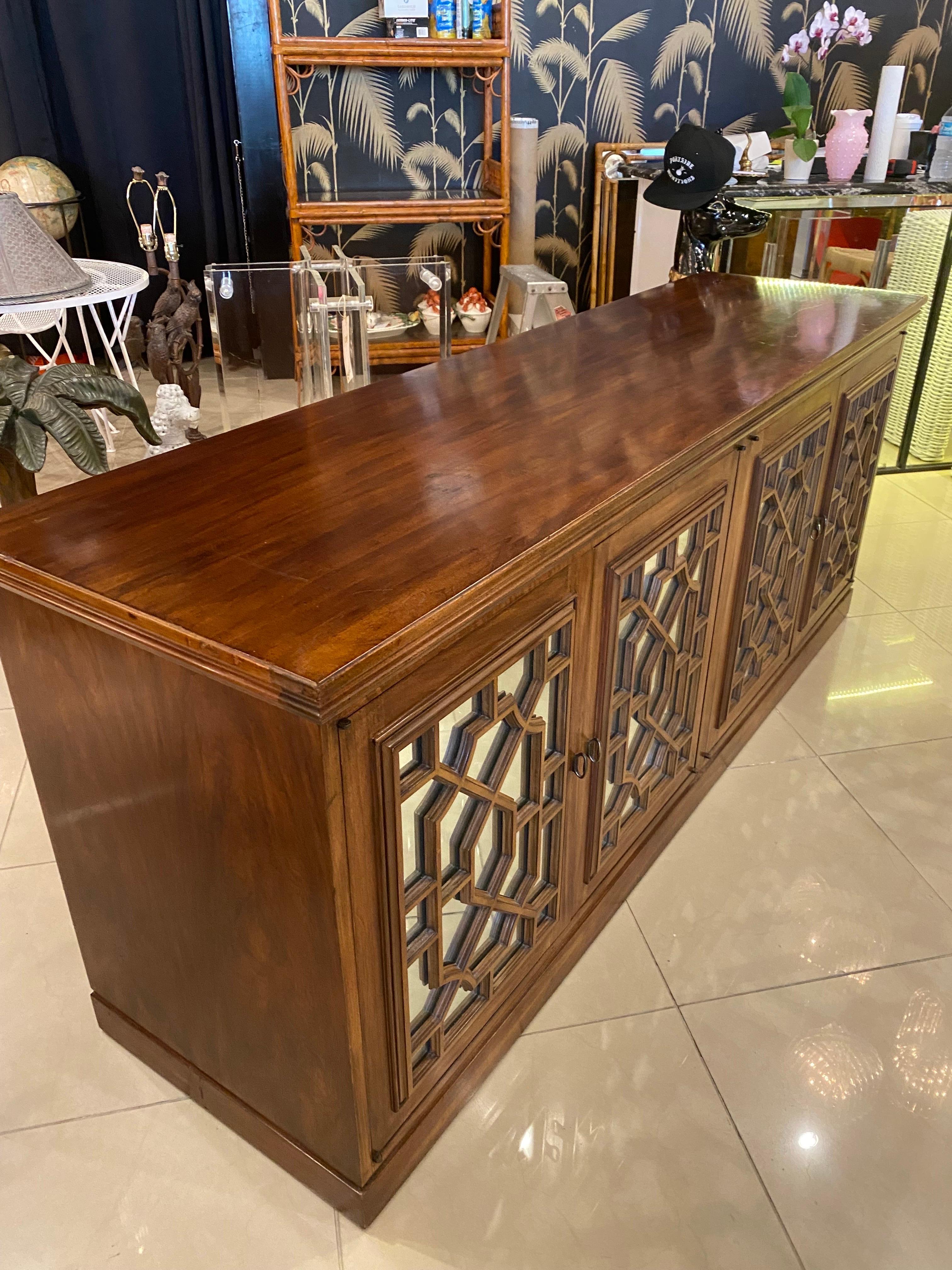 Vintage Wood Chinoiserie Fretwork Fret Mirrored Credenza Buffet Sideboard Doors For Sale 1