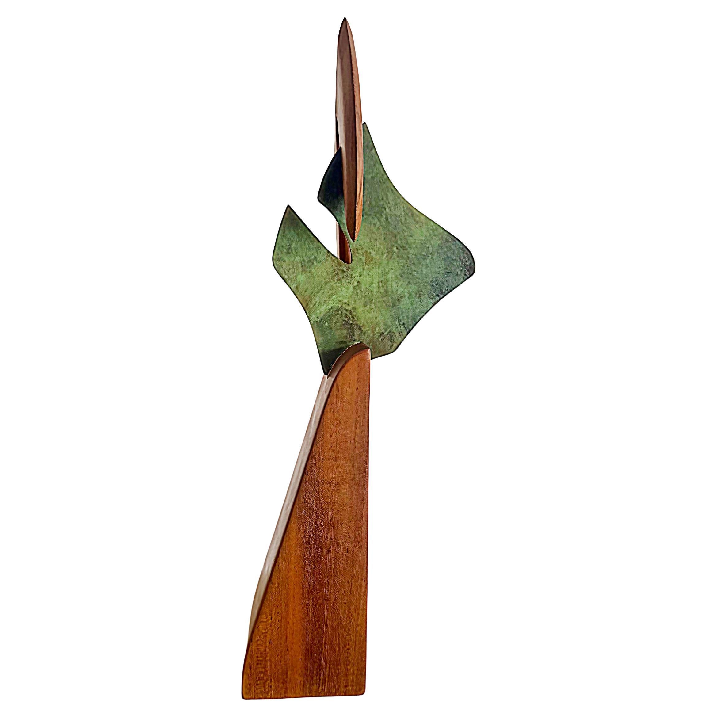 Vintage Holz, Kupfer Abstrakte Biomorphe Form Skulptur