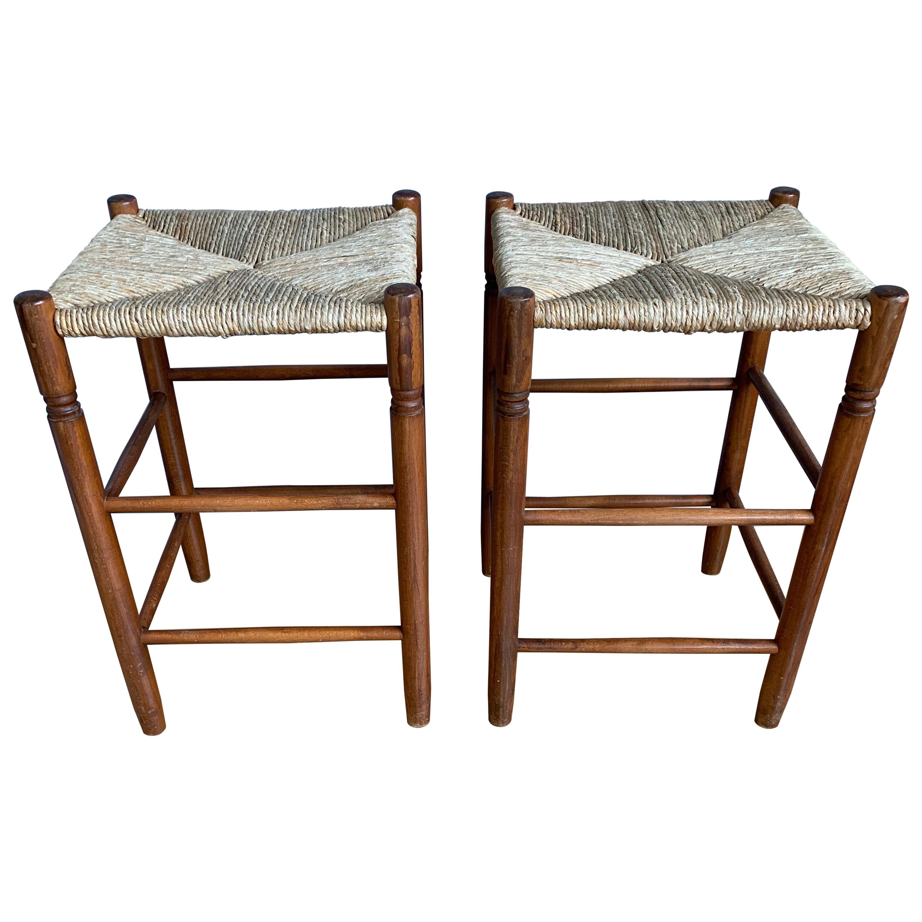 Pair Vintage Wood Country House Stools with Rush Seats Charlotte Perriand Style