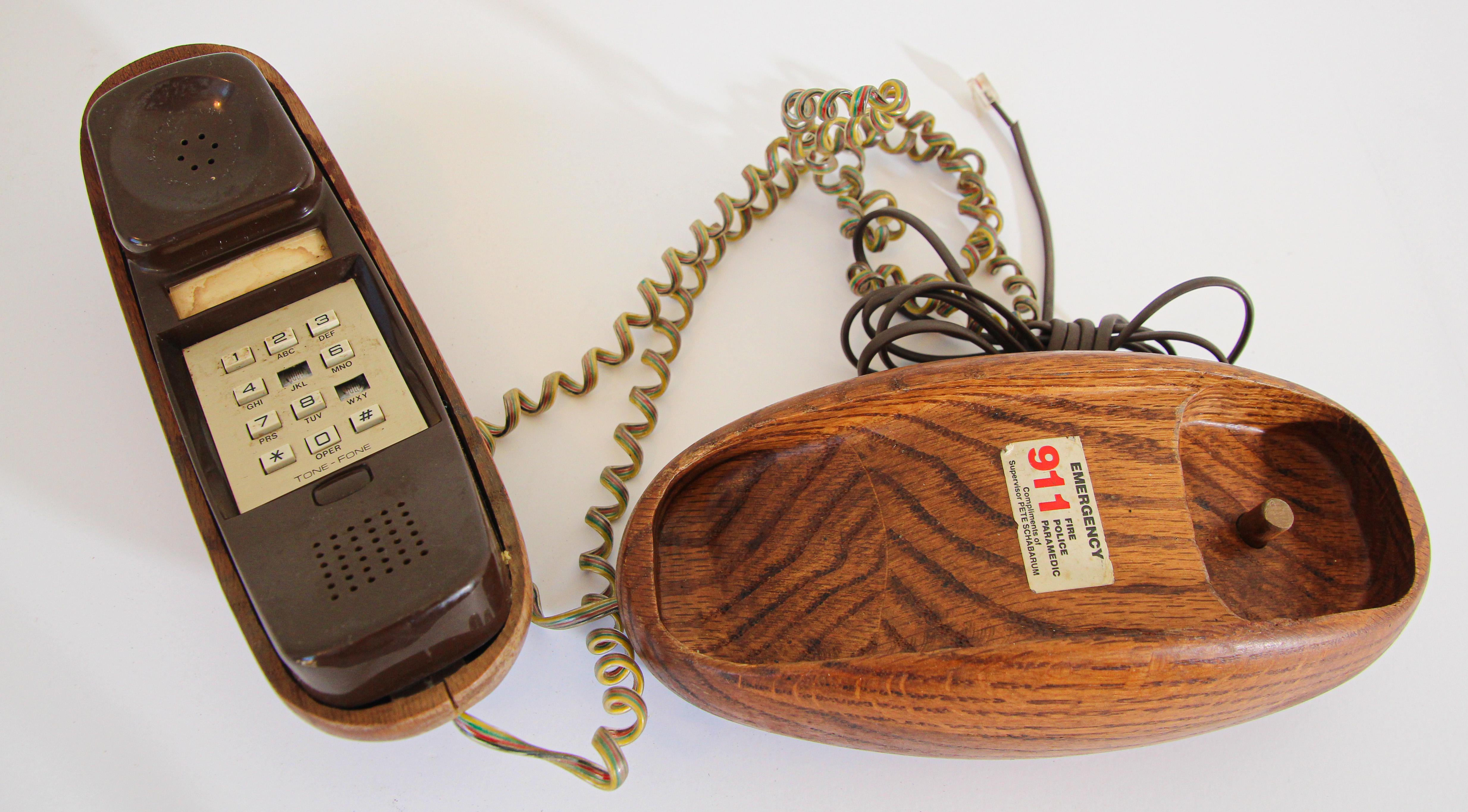 Asian Vintage Wood Covered Telephone, Organic Mid Century Modern Style