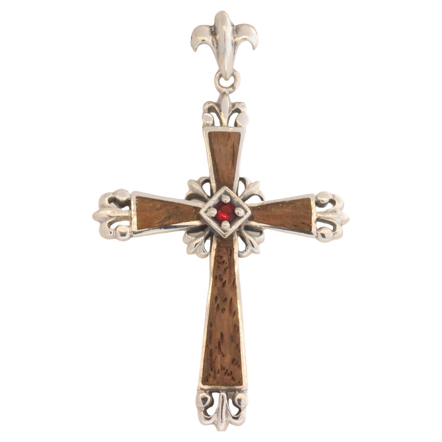 Vintage Wood Cross Gothic style Sterling Silver & Real Wood