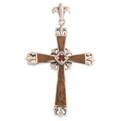 Vintage-Holzkreuz im gotischen Stil aus Sterlingsilber und echtem Holz