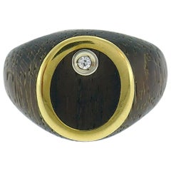 Vintage Wood Diamond Yellow Gold Ring