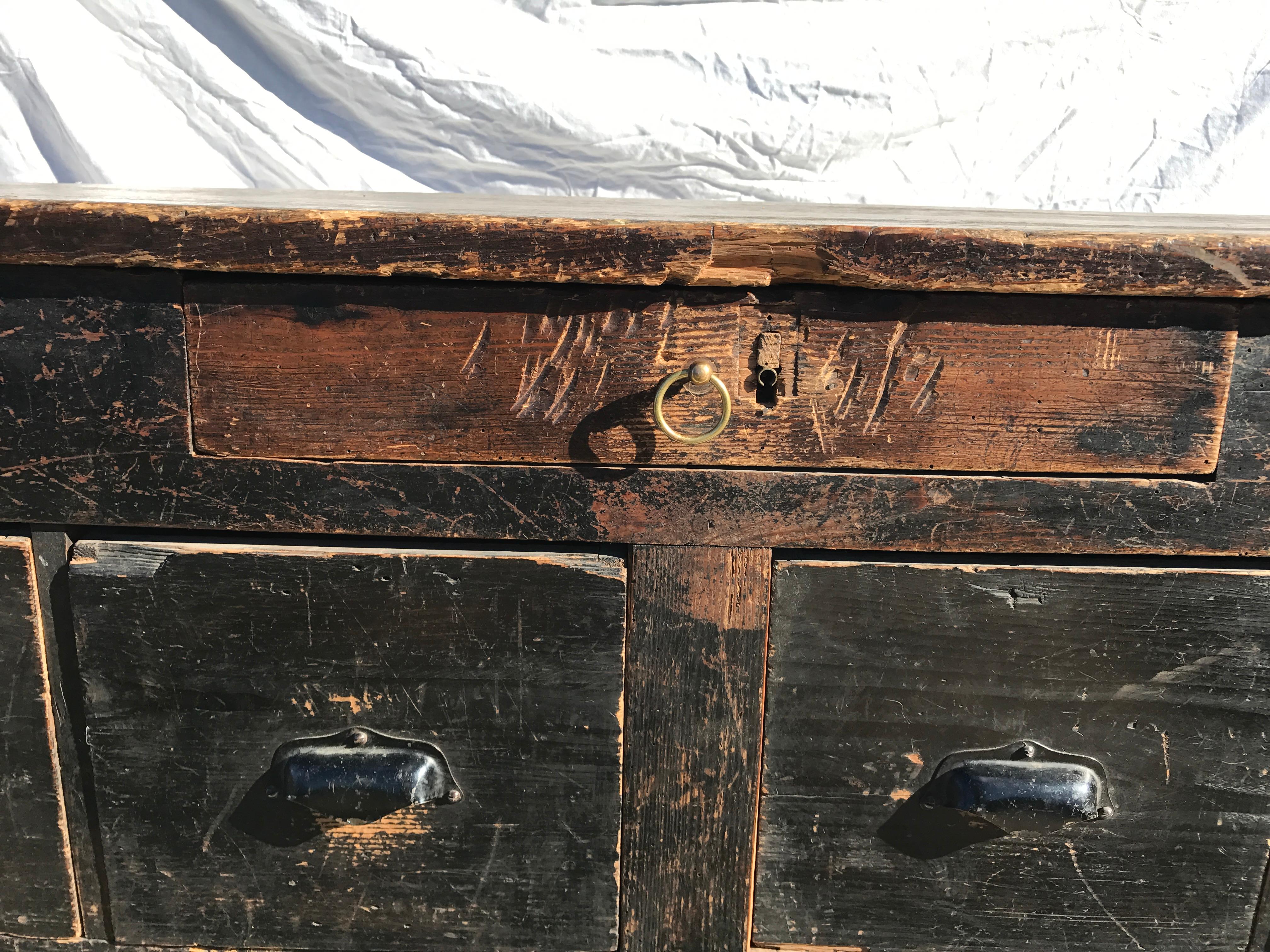 Vintage case piece with drawers; suitable for dresser, office and desk storage, or rustic sideboard.

Please inquire for condition specifics; fantastic patina, sturdy construction, and functional drawers.