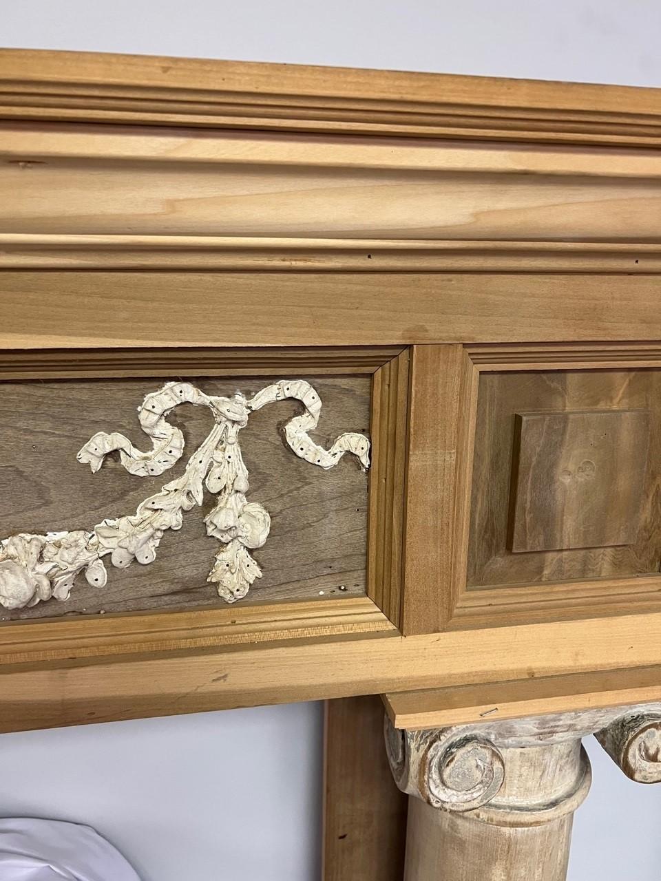 Vintage Wood Fireplace Mantel with Antique Carvings and Columns with Capitals For Sale 6