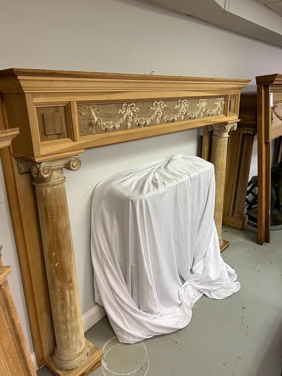 Vintage Wood Fireplace Mantel with Antique Carvings and Columns with Capitals For Sale 11
