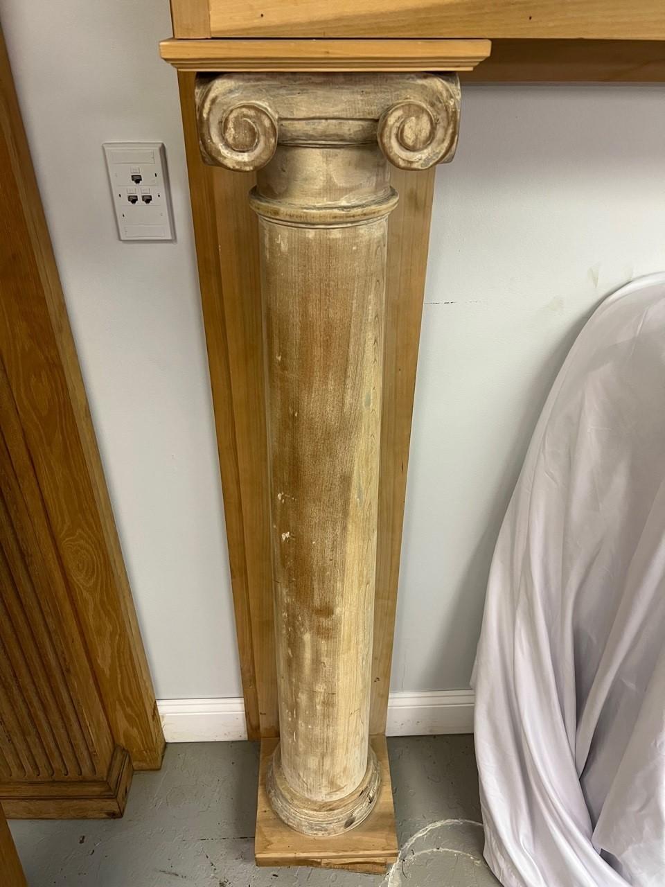 American Vintage Wood Fireplace Mantel with Antique Carvings and Columns with Capitals For Sale
