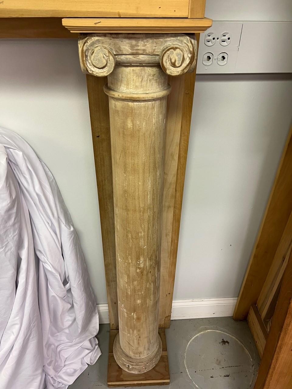 Vintage Wood Fireplace Mantel with Antique Carvings and Columns with Capitals In Good Condition For Sale In Stamford, CT