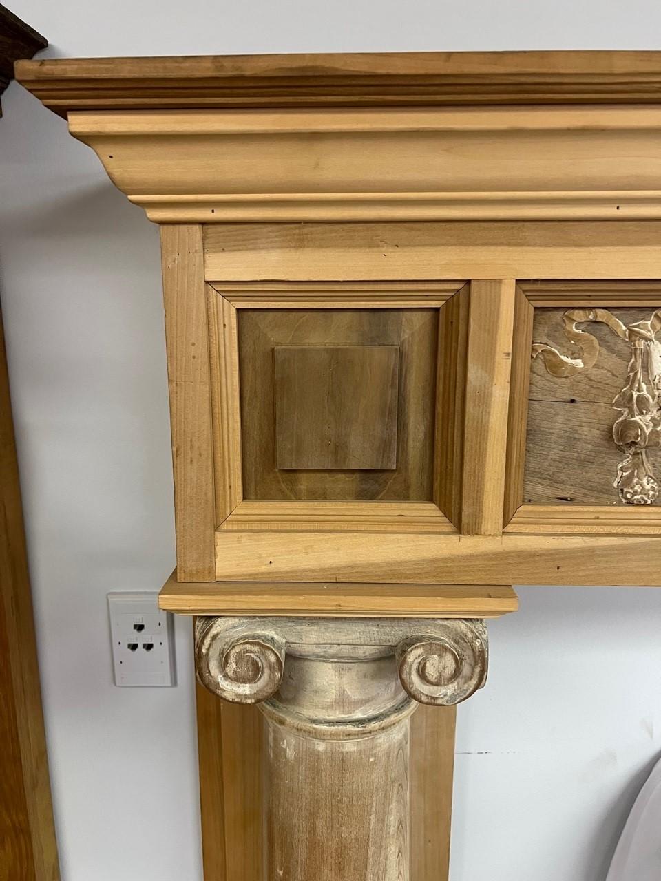 Vintage Wood Fireplace Mantel with Antique Carvings and Columns with Capitals For Sale 1