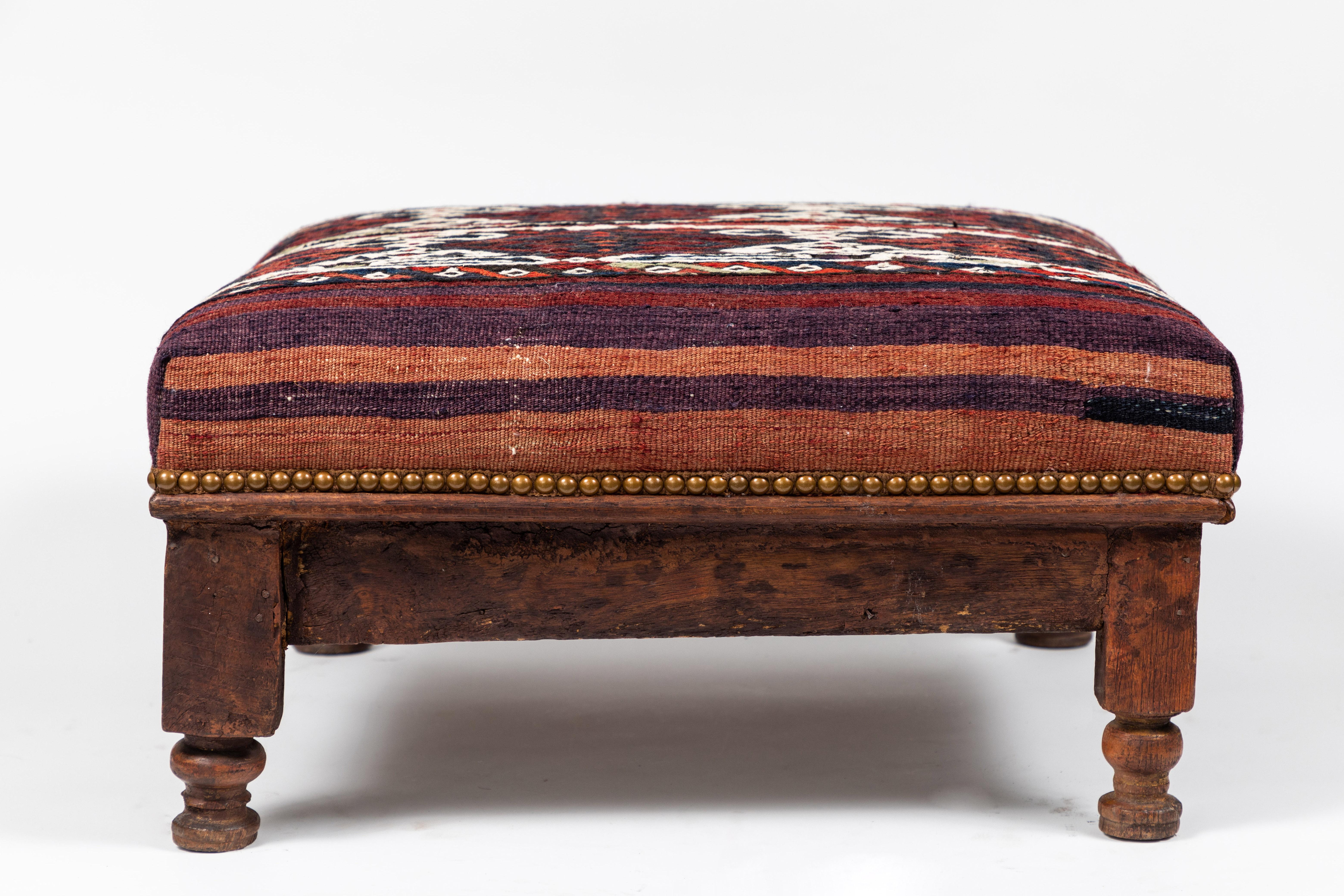 Vintage Wood Foot Stool Newly Upholstered in a Vintage Wool Rug from Turkey In Excellent Condition In Pasadena, CA
