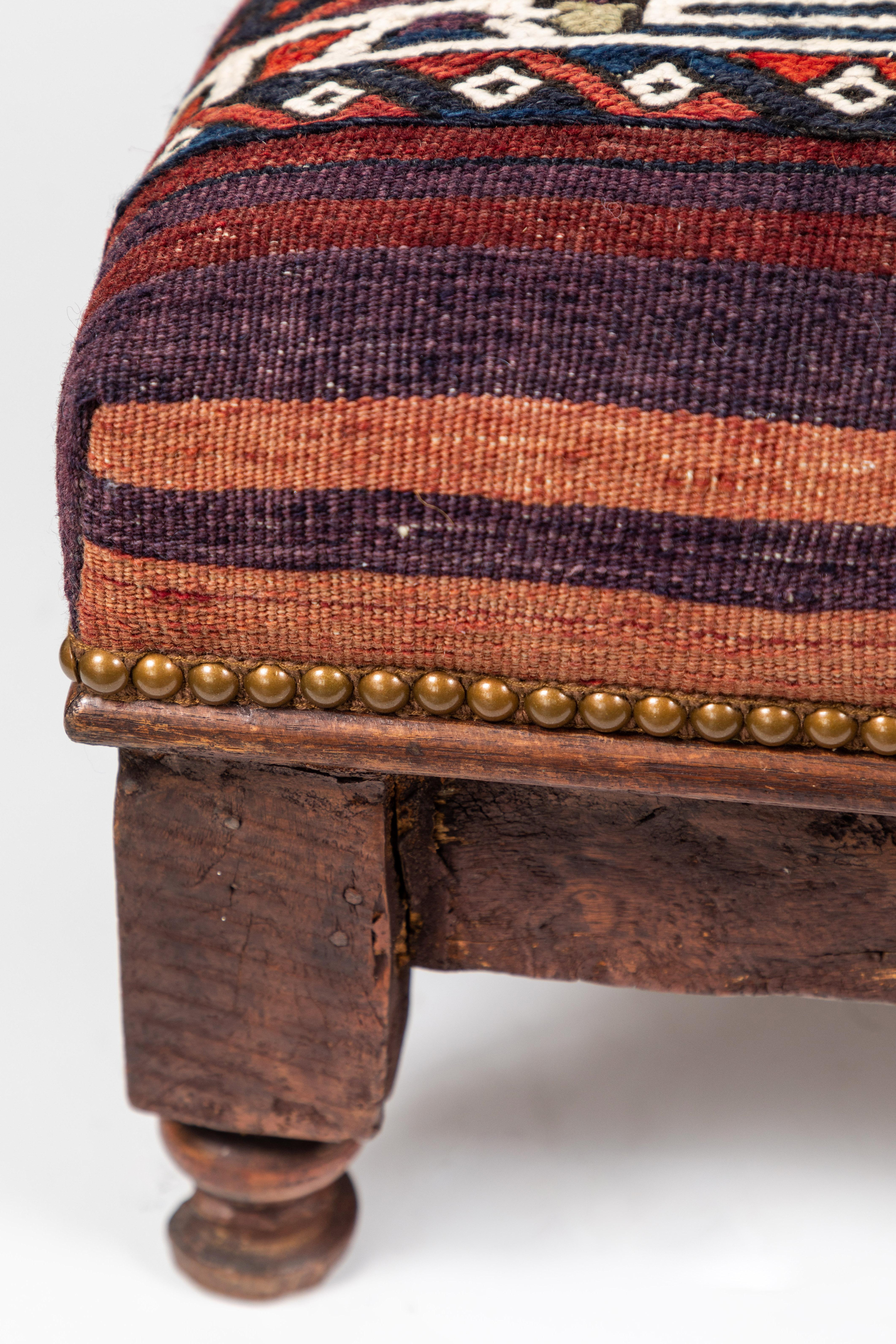 20th Century Vintage Wood Foot Stool Newly Upholstered in a Vintage Wool Rug from Turkey