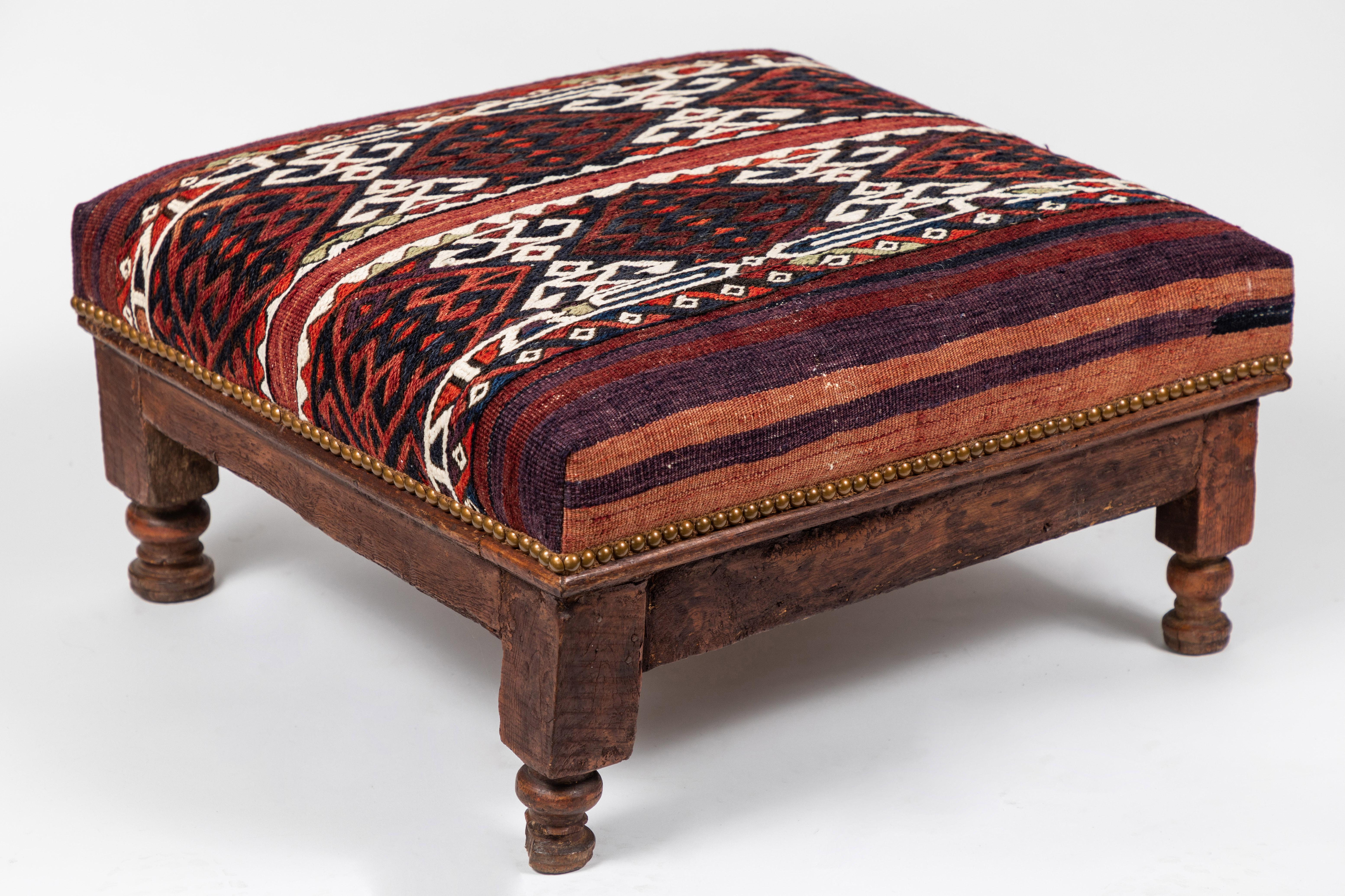 Vintage Wood Foot Stool Newly Upholstered in a Vintage Wool Rug from Turkey 2