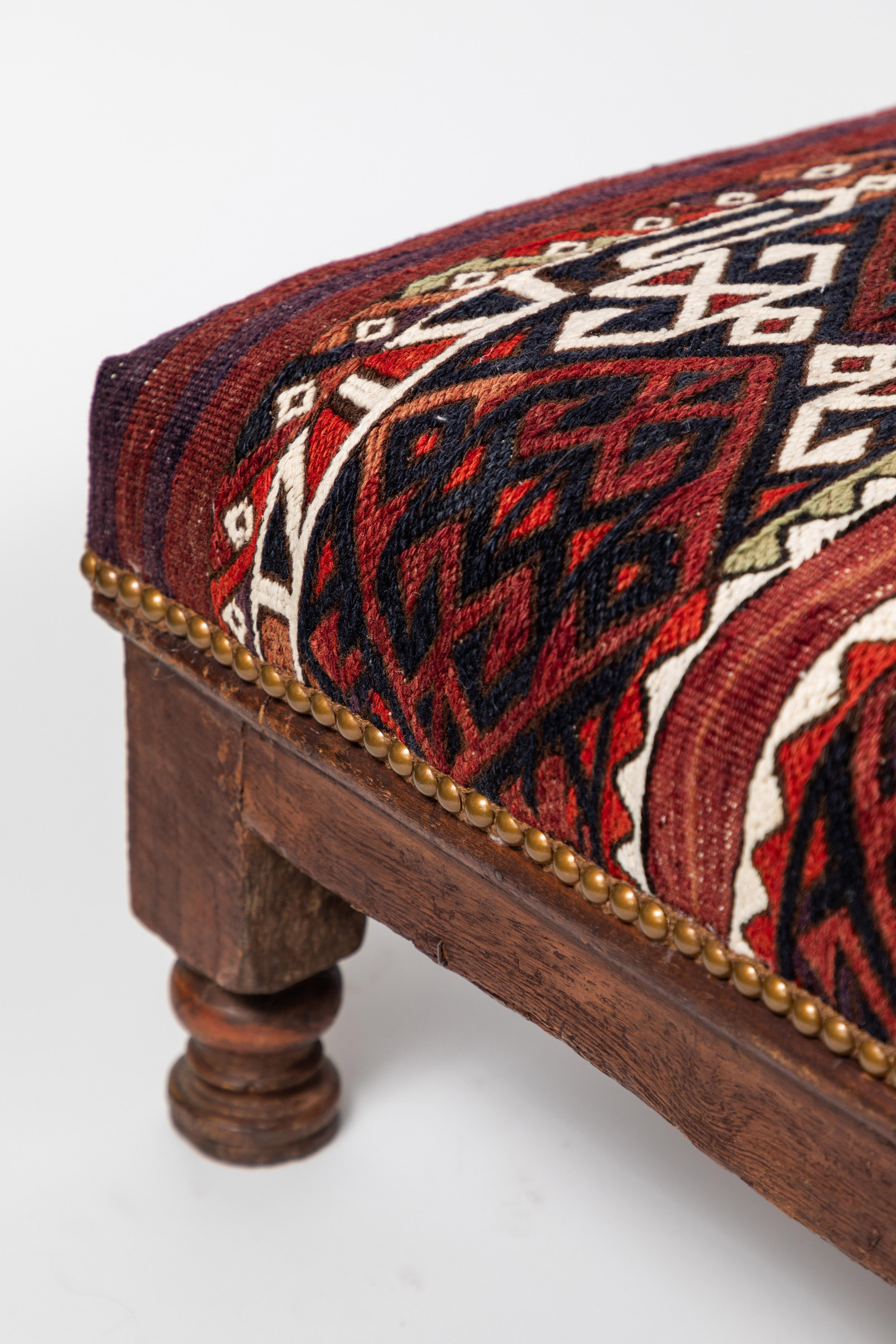 Vintage Wood Foot Stool Newly Upholstered in a Vintage Wool Rug from Turkey 3