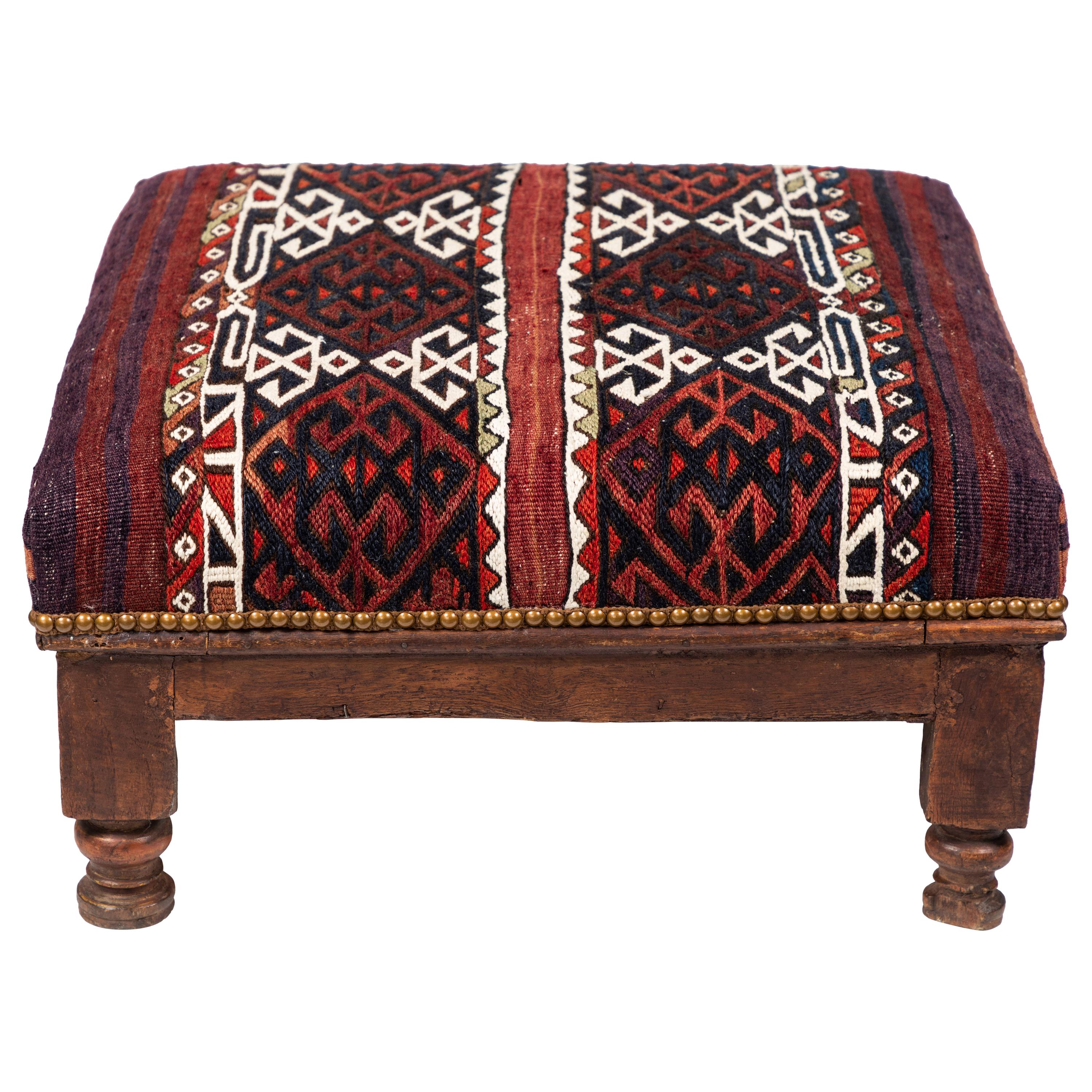 Vintage Wood Foot Stool Newly Upholstered in a Vintage Wool Rug from Turkey