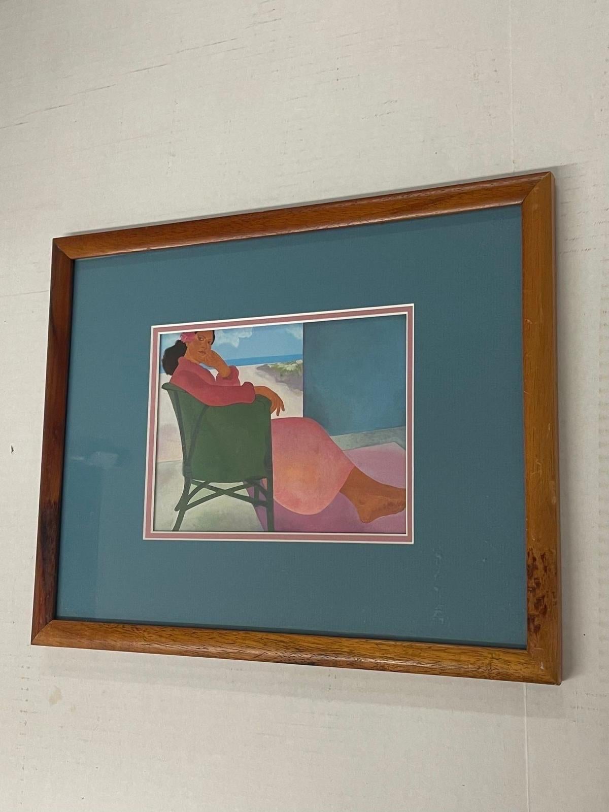 Mid-Century Modern Vintage Wood Framed and Matted Print Titled “ Woman in Chair “ by Peggy Hopper. For Sale