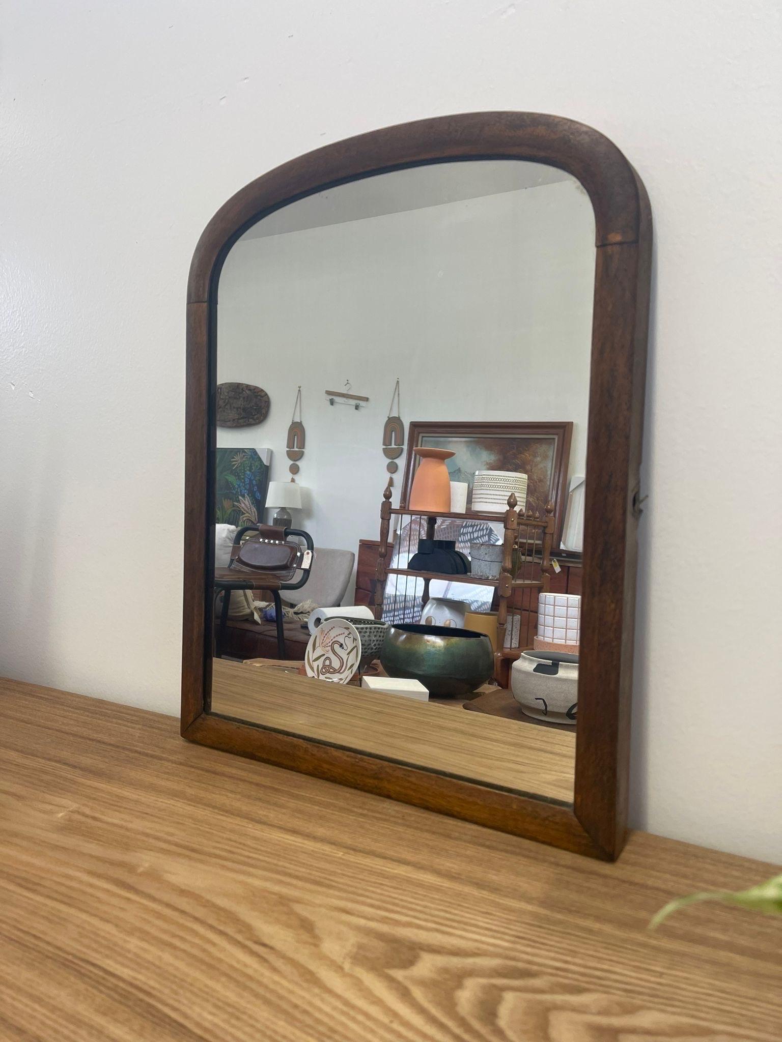 Mid-Century Modern Vintage Wood Framed Arched Wall Mirror. For Sale