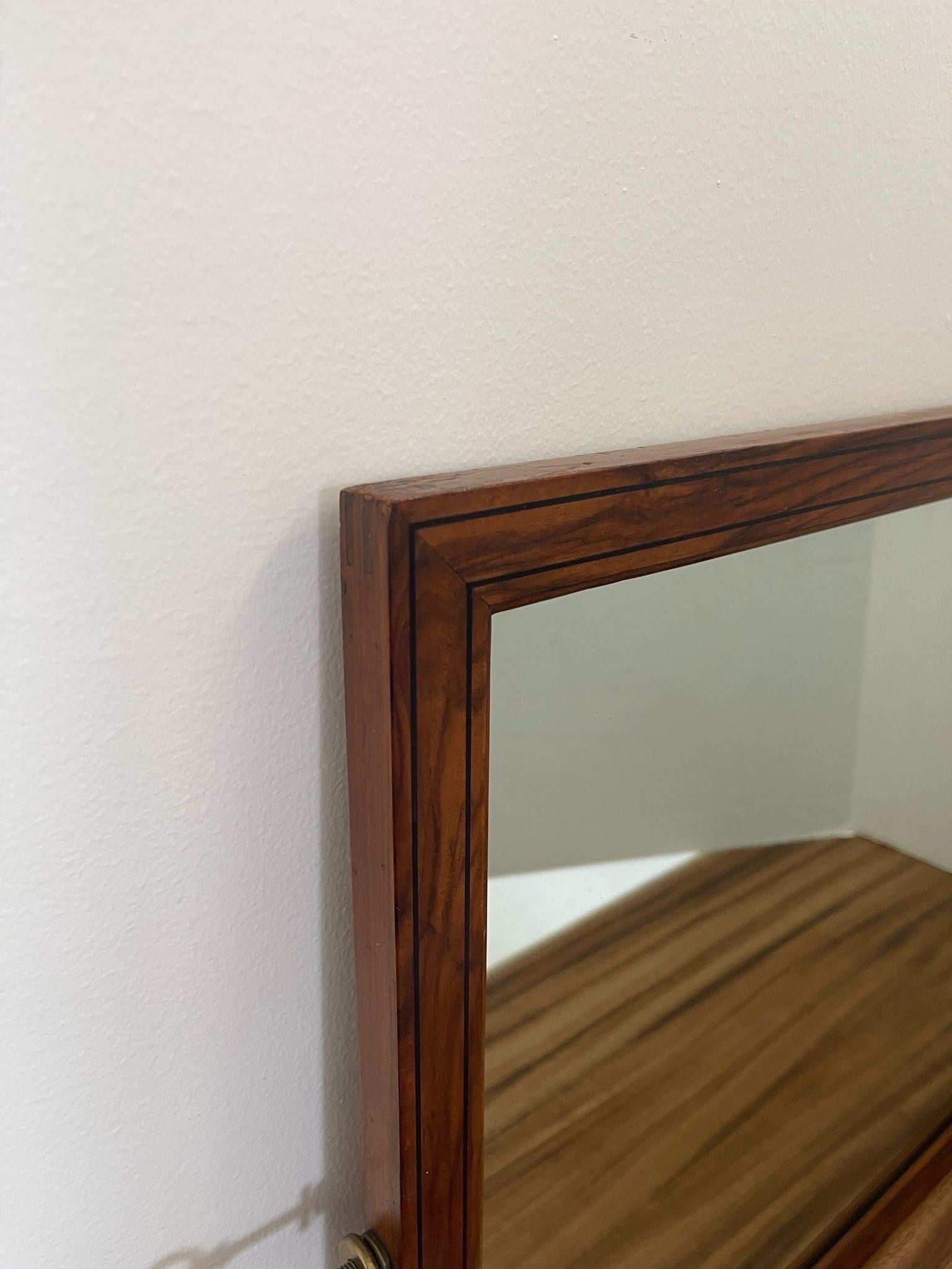 Mid-Century Modern Vintage Wood Framed Mirror With Wood Inlay and Decorative Handles. For Sale