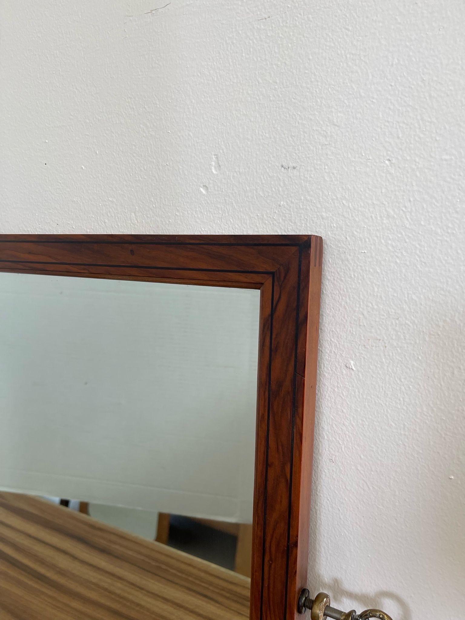 Vintage Wood Framed Mirror With Wood Inlay and Decorative Handles. In Good Condition For Sale In Seattle, WA
